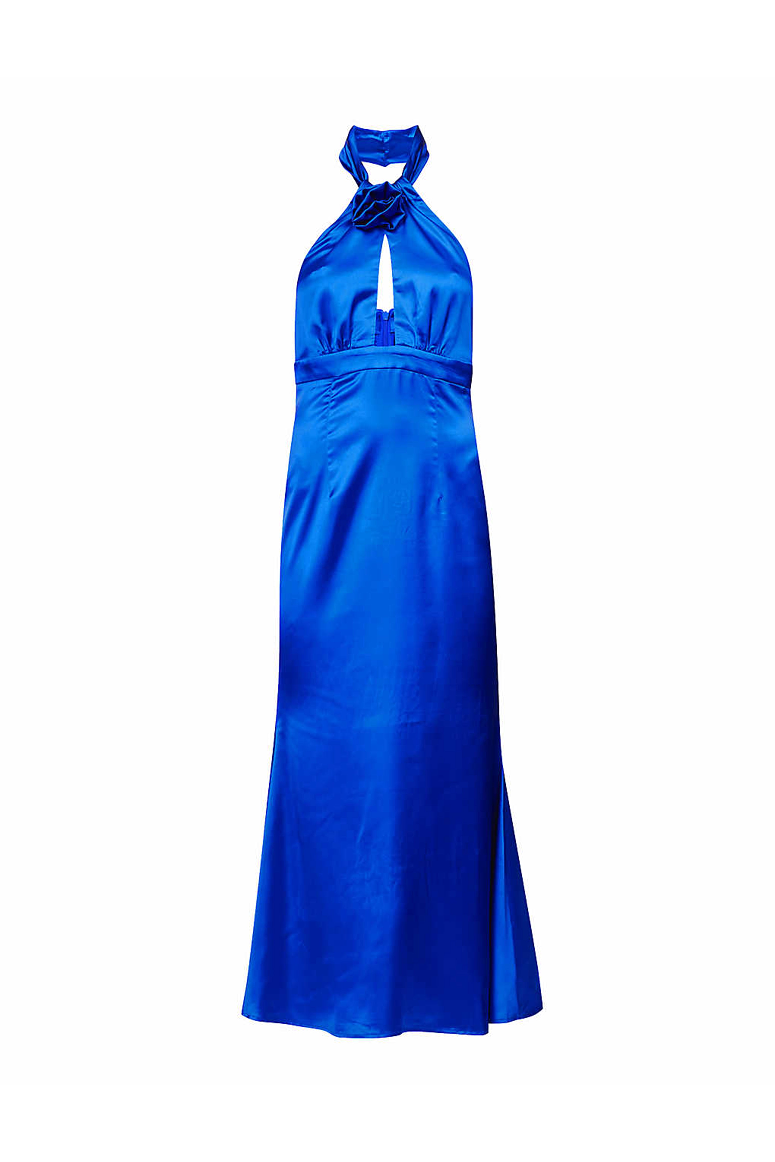 Rue Cobalt Blue Halter-neck Flower-appliqué Satin Maxi Dress | AmyLynn