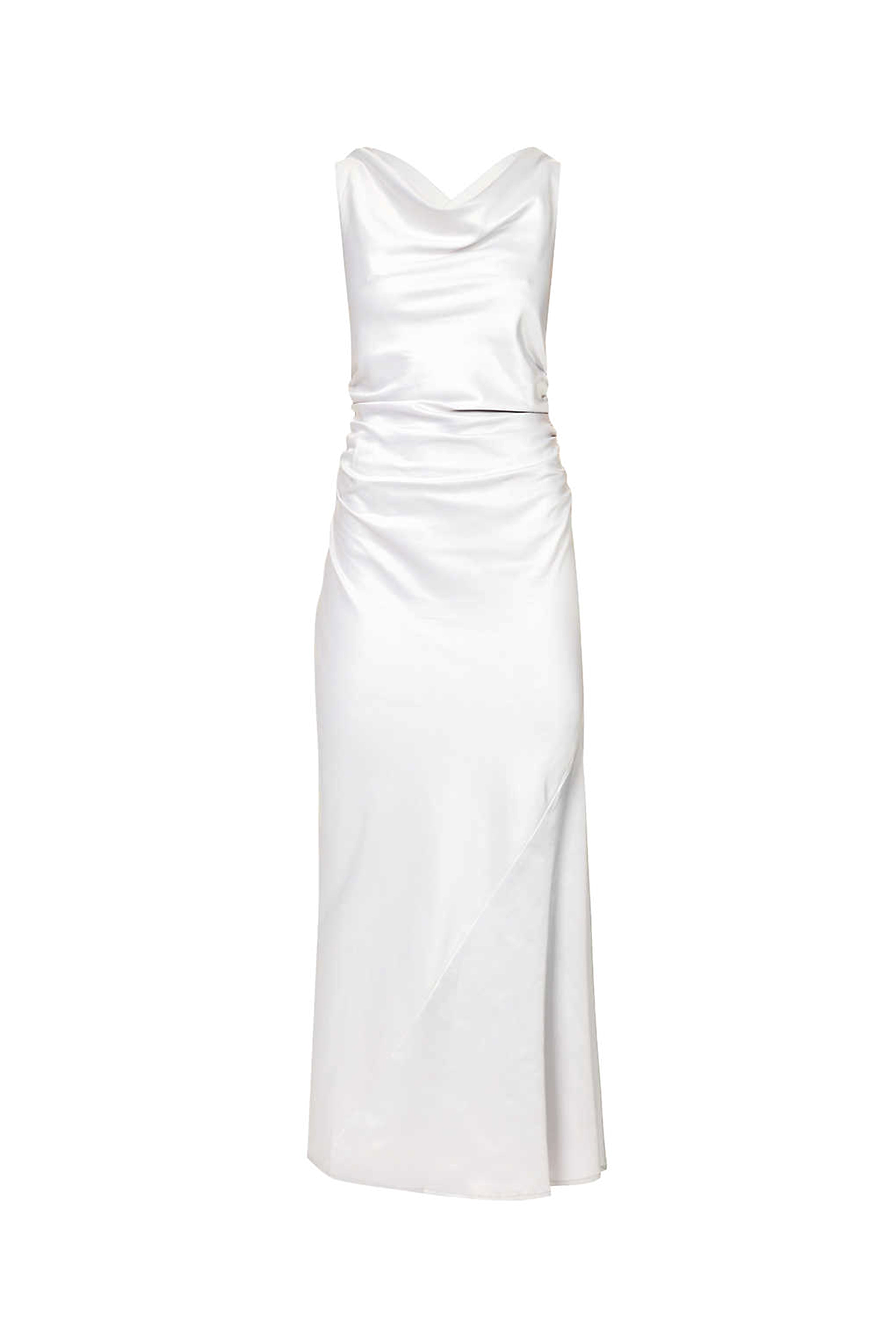 Wynter Silver Cowl Neck Satin Midi Dress | AmyLynn