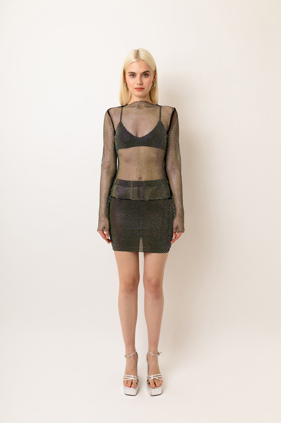 Bethan Black Embellished Sheer Mesh Fishnet Rhinestone Shimmer Mini Skirt