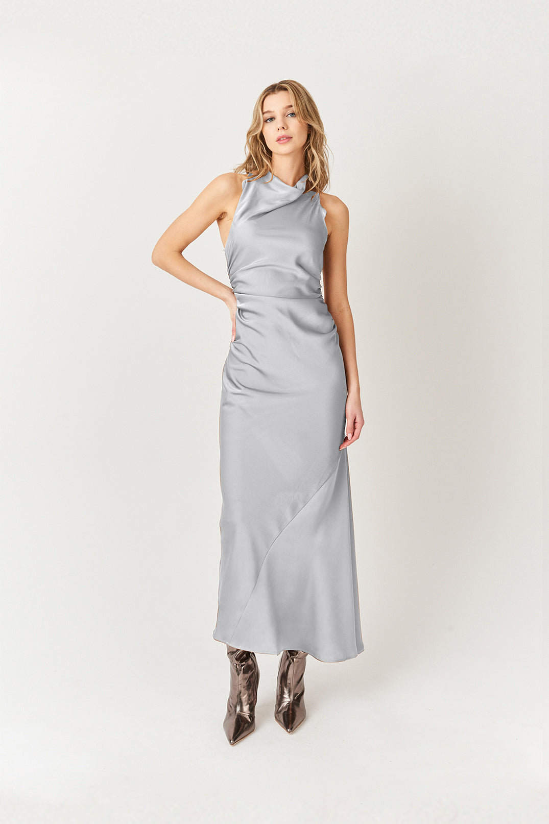 Wynter Silver Cowl Neck Satin Midi Dress | AmyLynn