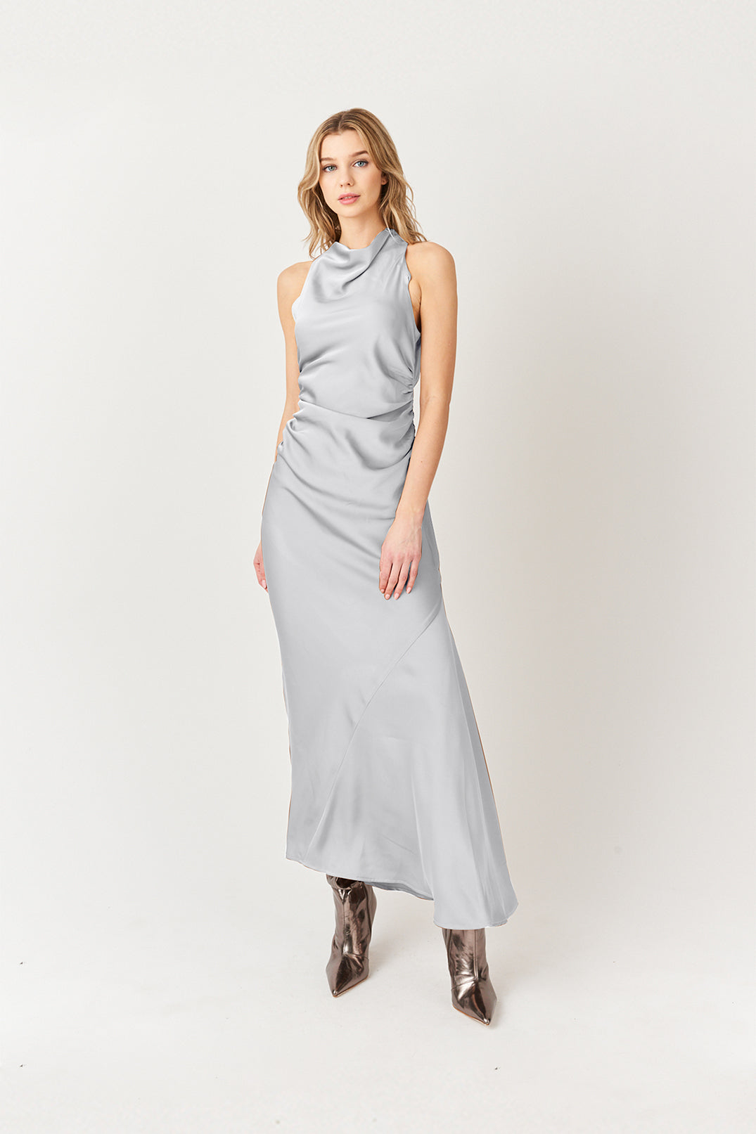 Wynter Silver Cowl Neck Satin Midi Dress | AmyLynn