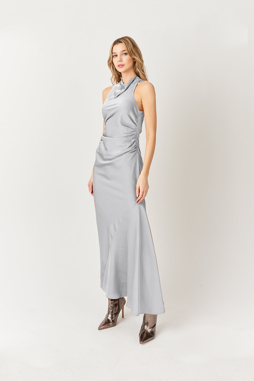 Wynter Silver Cowl Neck Satin Midi Dress | AmyLynn