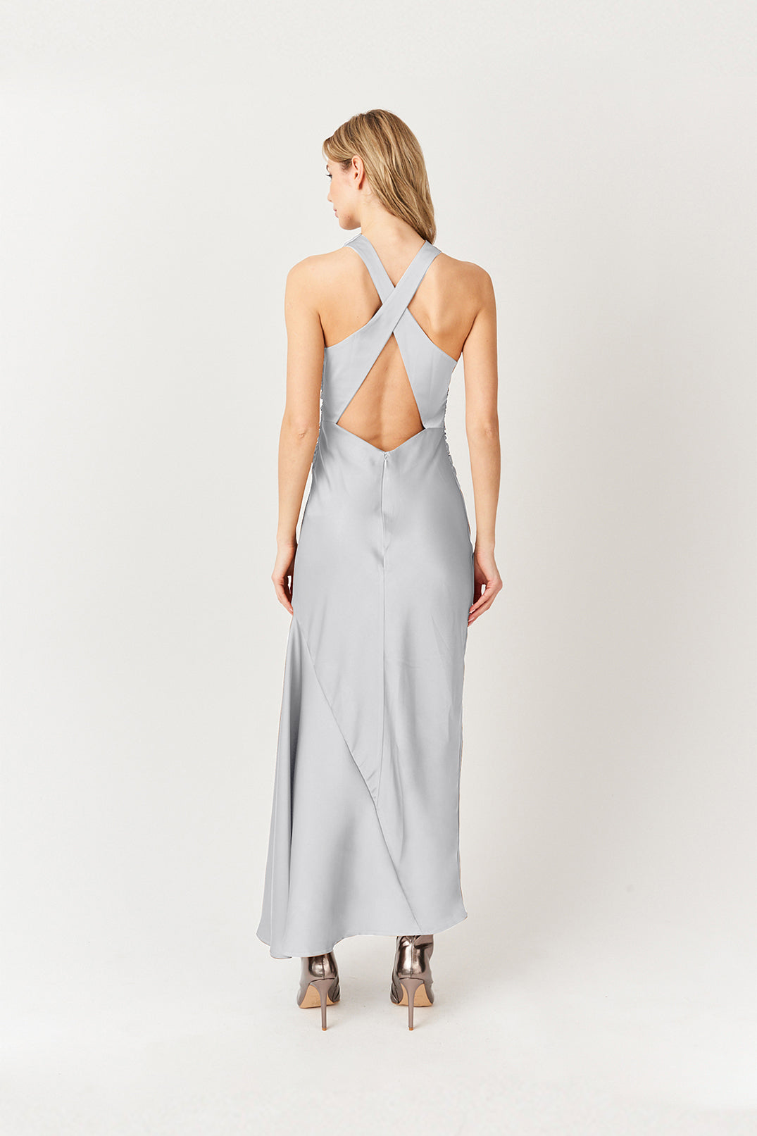 Wynter Silver Cowl Neck Satin Midi Dress | AmyLynn