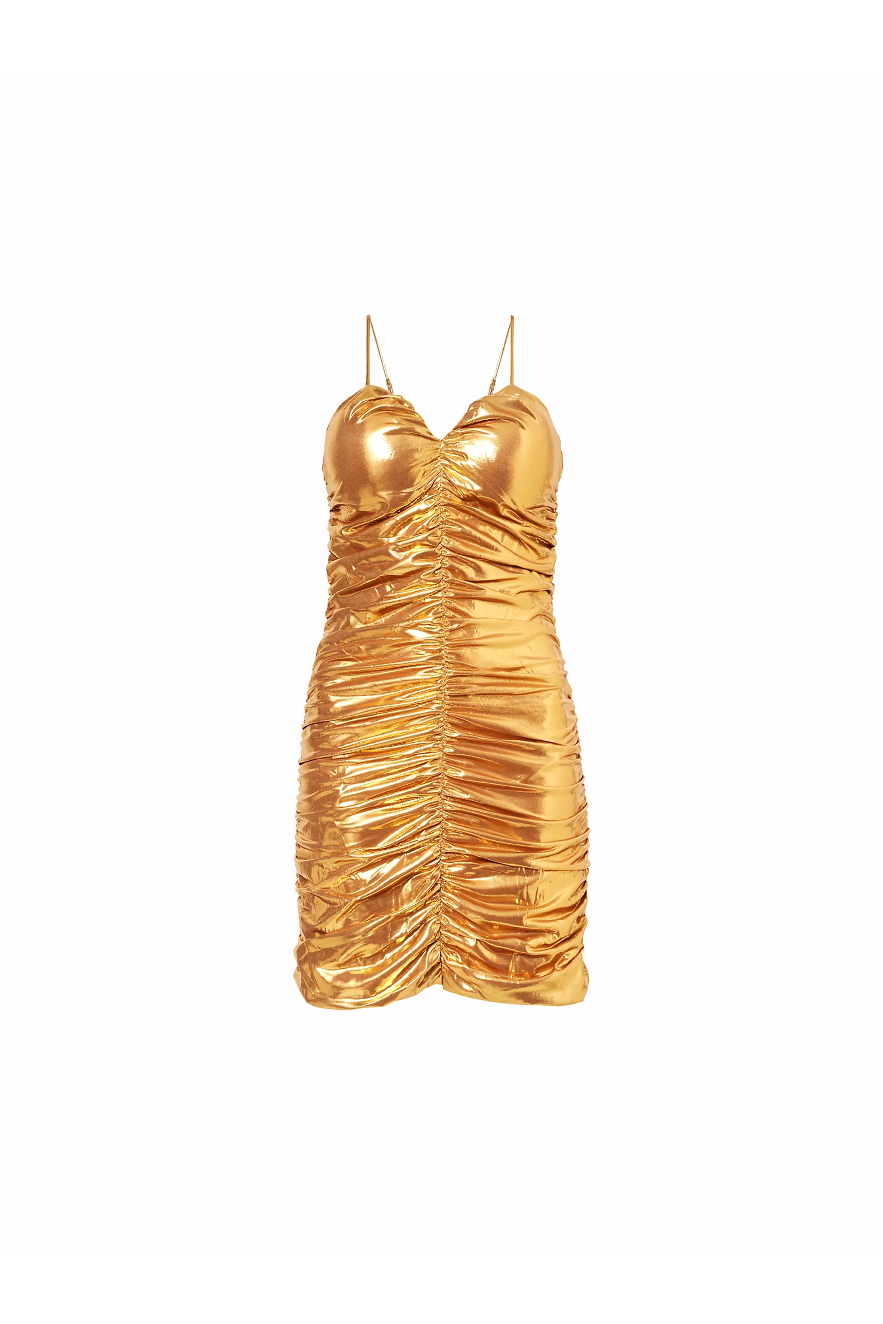 Yaya Gold Metallic Ruched Stretch Mini Dress | AMYLYNN