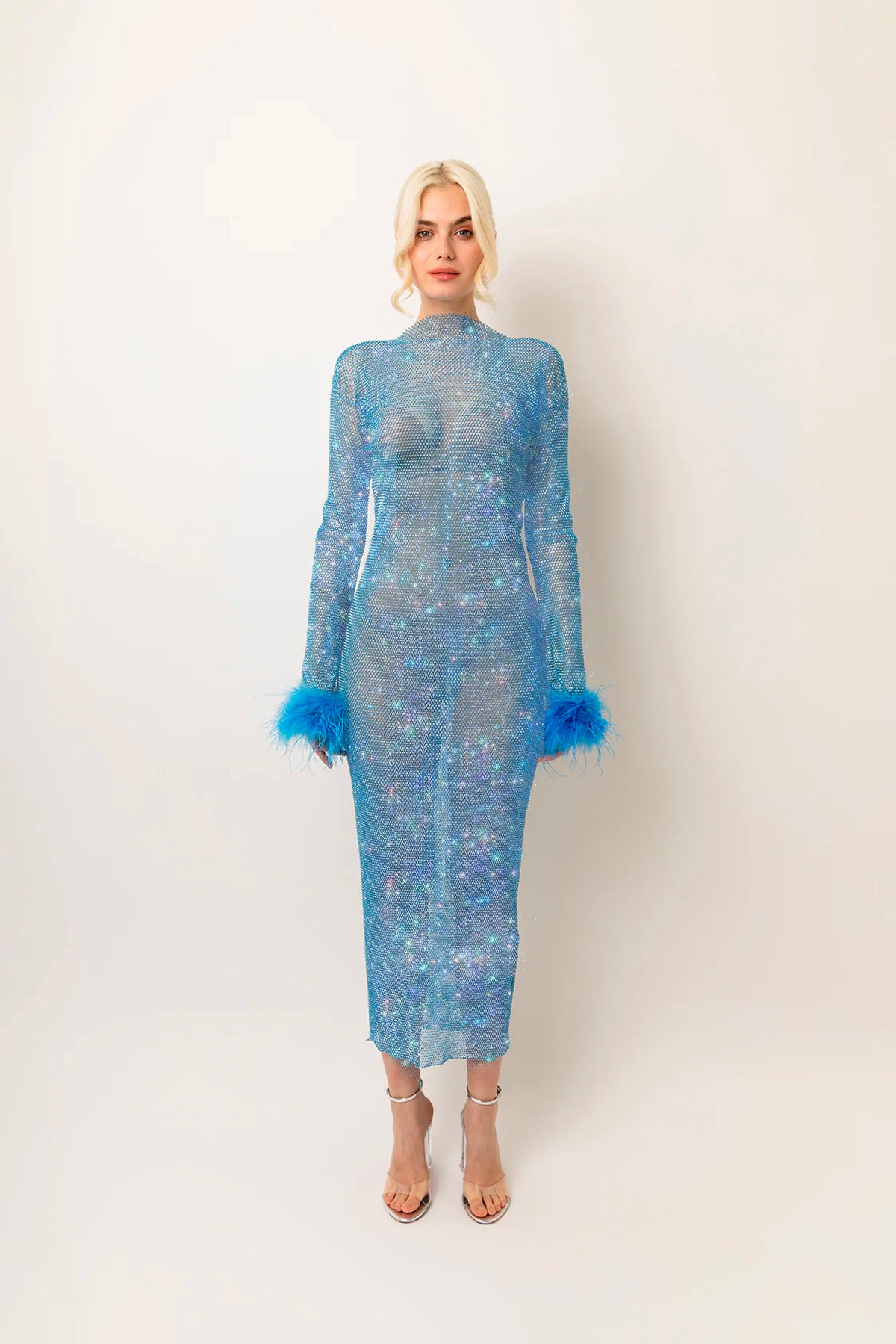Seville Blue Net Mesh Rhinestone Maxi Dress