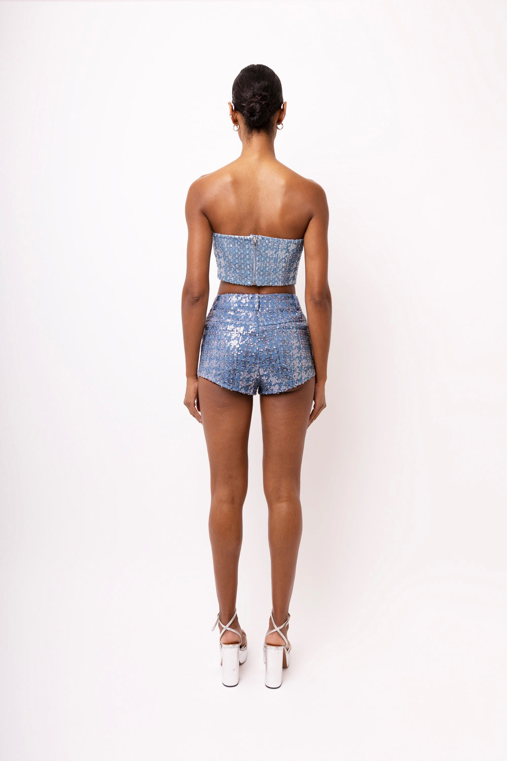 Theo Denim Cropped Sequinned Tube Top | AMYLYNN