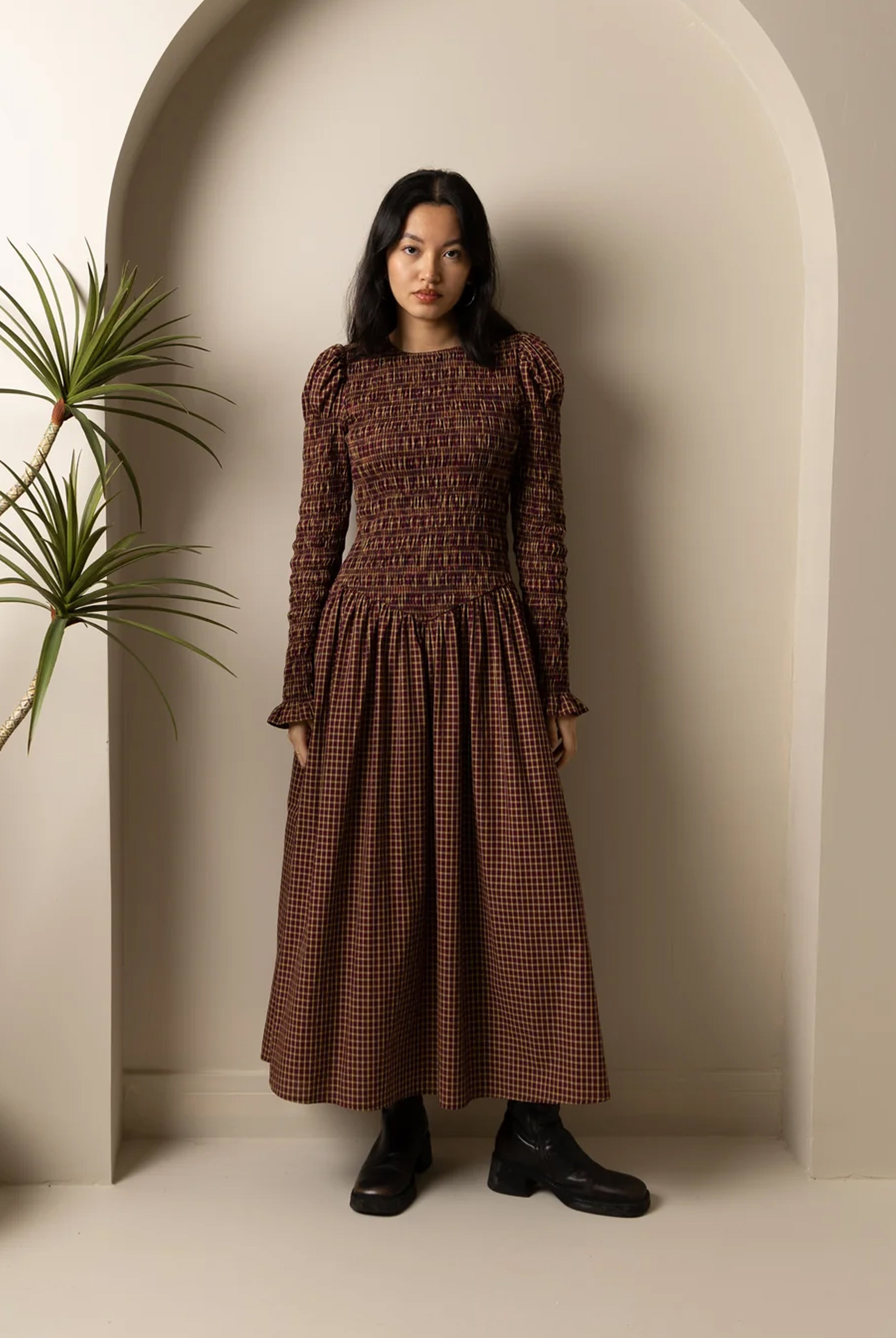 Cara Smocked Cotton Midiaxi Dress in Multi Gingham Check