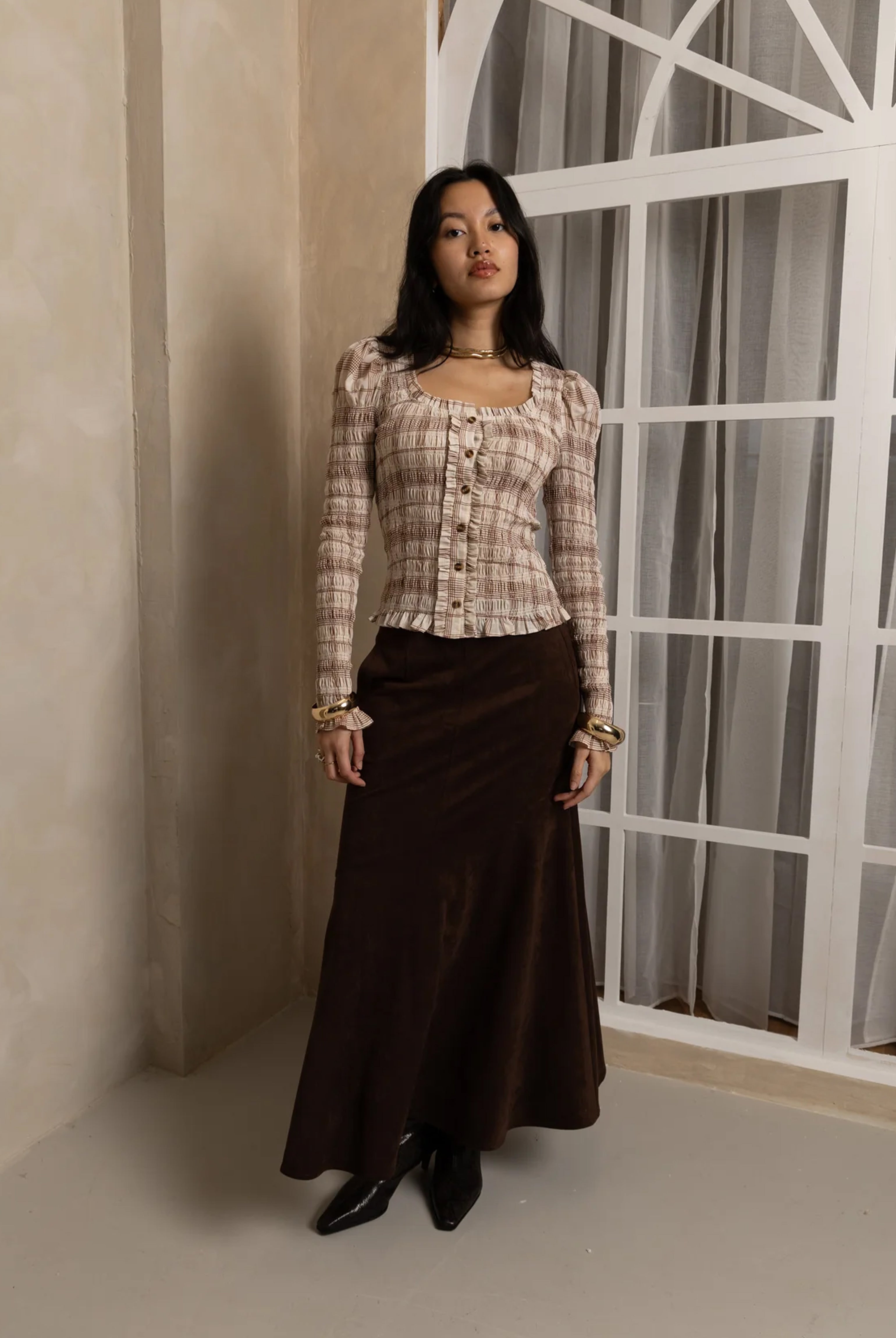 Maisie Smocked Cotton Blouse in Windowpane Check