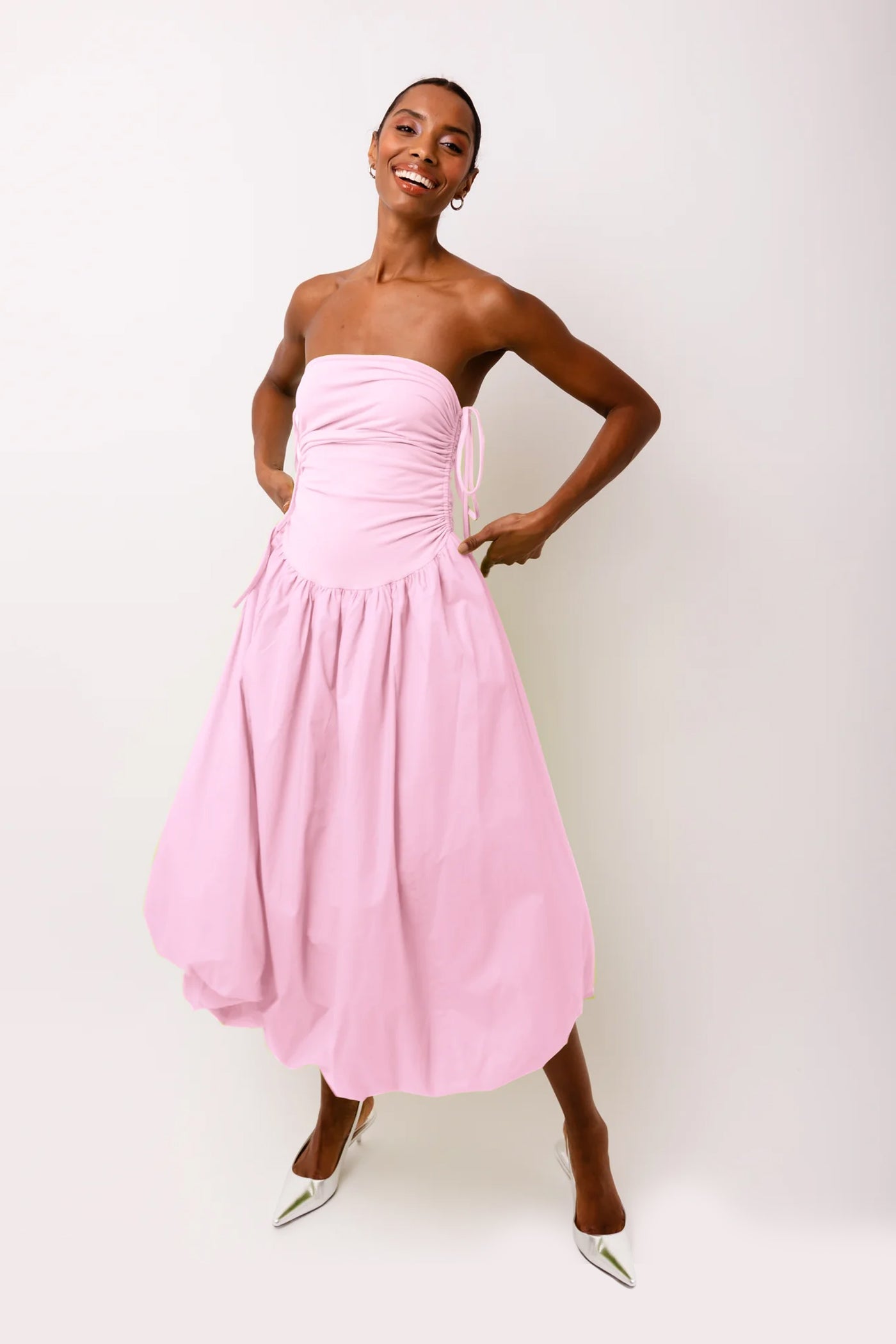 Alexa Light Pink Puffball Cotton Stretch Midi Dress | AmyLynn