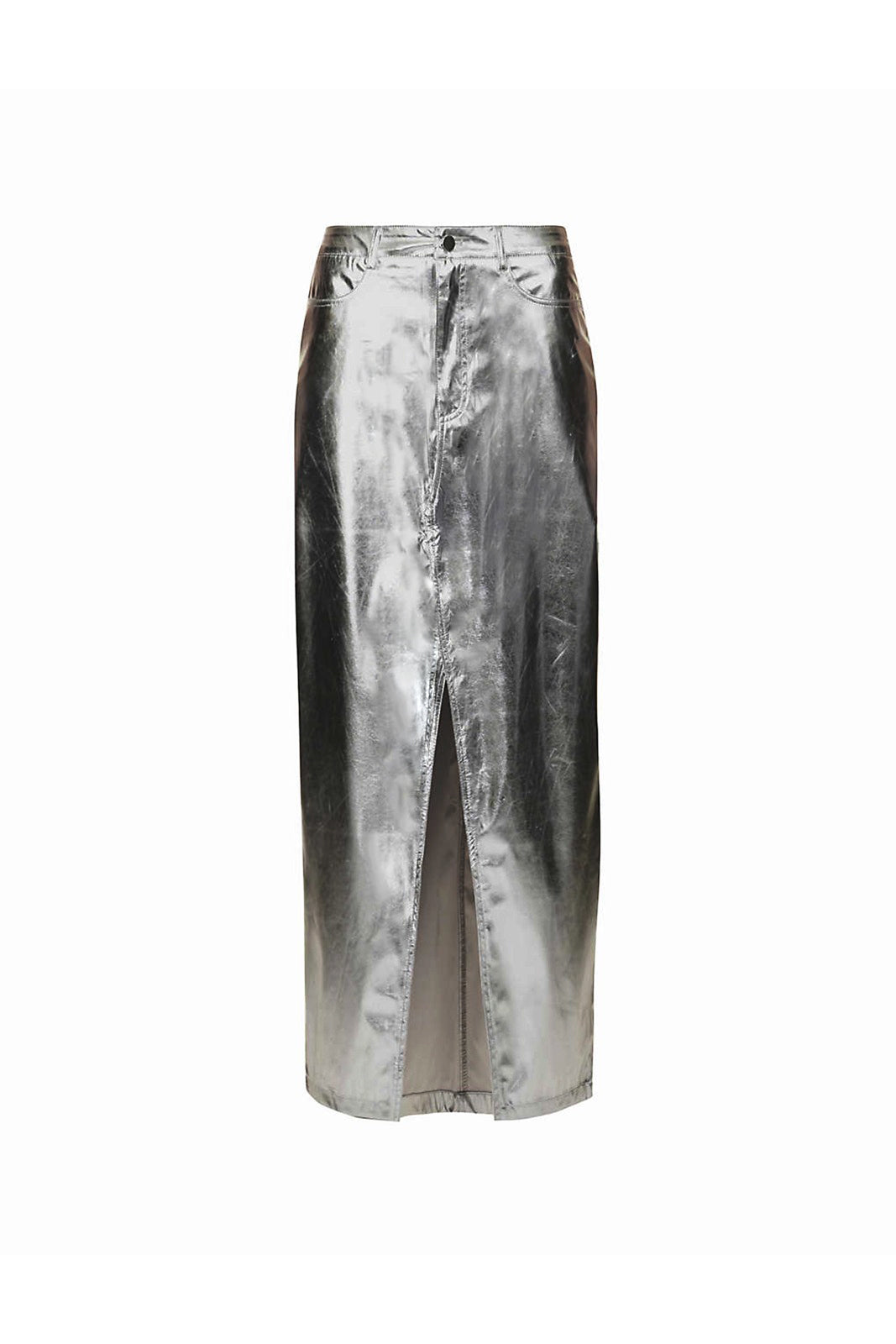 Lupe Shiny Silver Tailored High Waisted Metallic Faux Leather Maxi Skirt