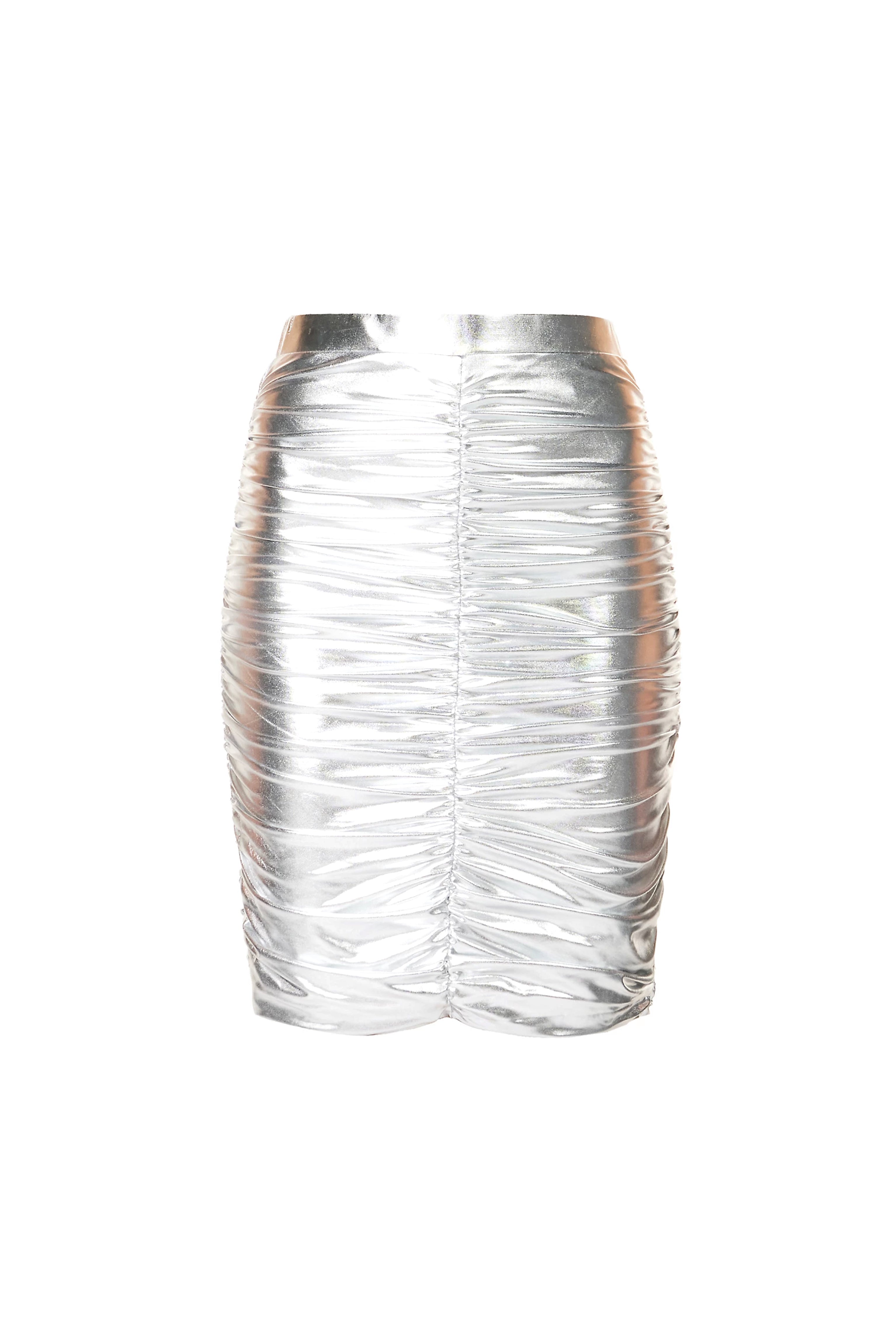 Yaya Silver Metallic Bodycon Ruched Midi Skirt | AmyLynn