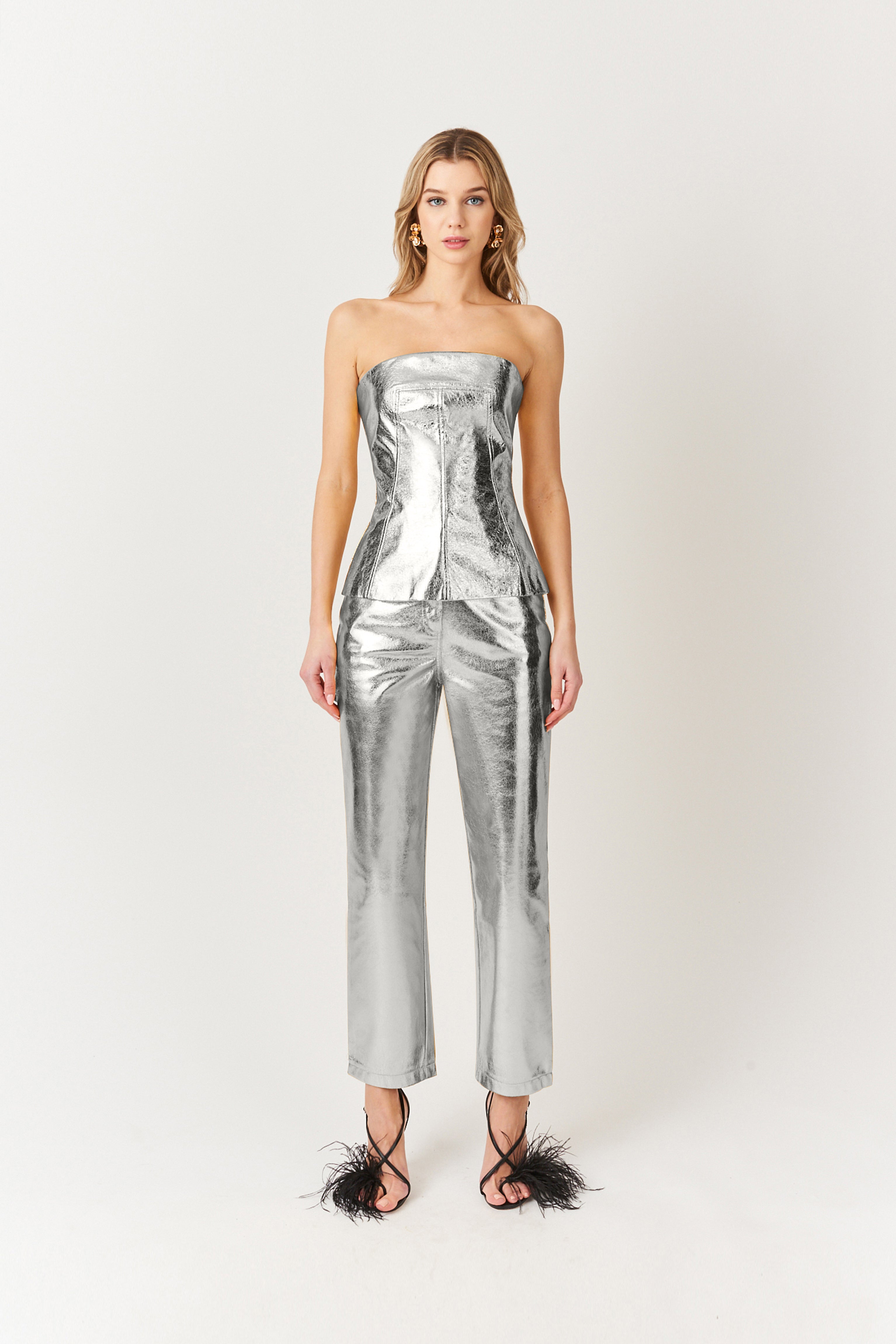 Johanna Silver Metallic Faux Leather Bandeau Corset Top | AmyLynn