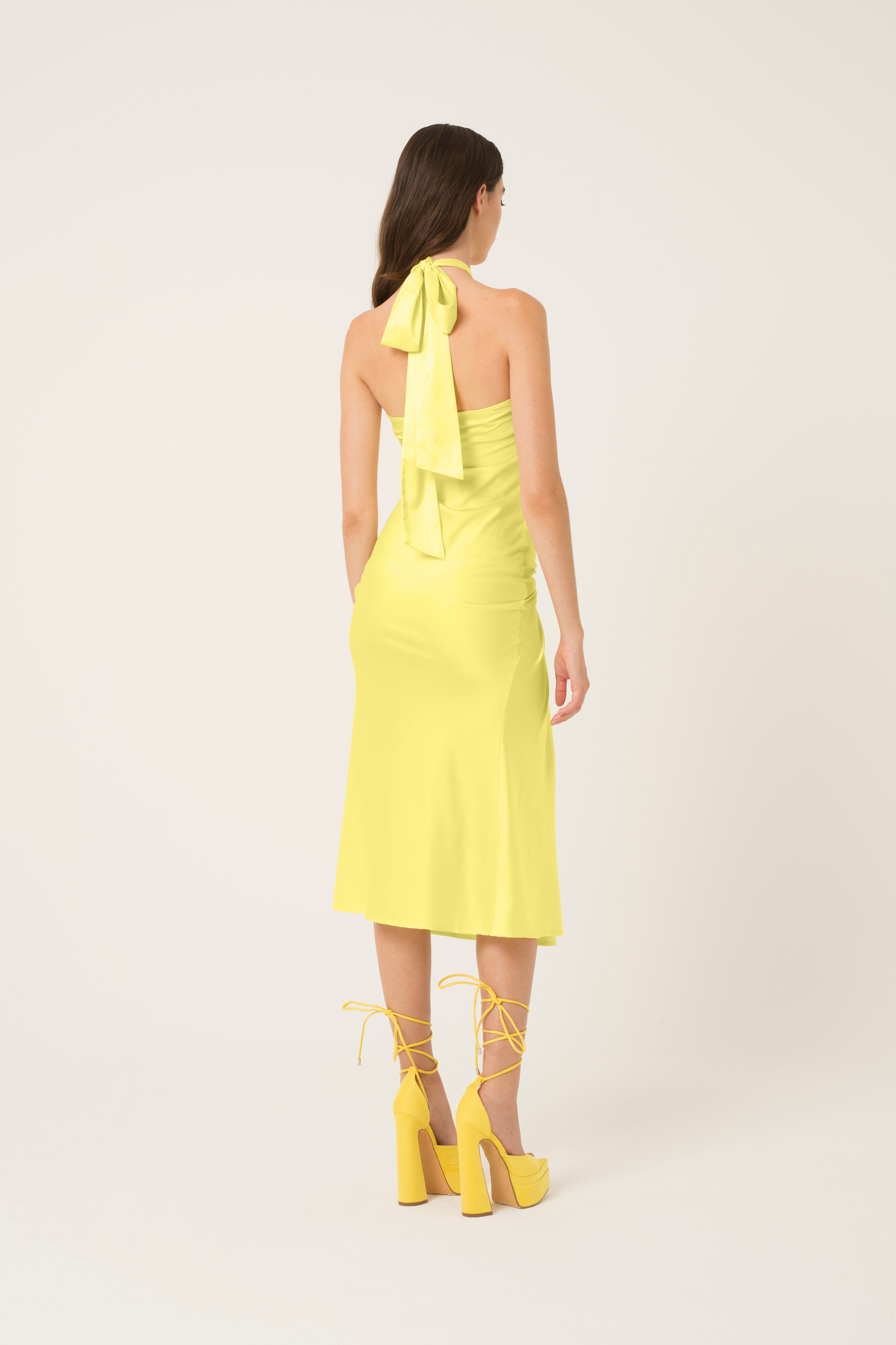 Serena Yellow Satin Halter Neck Midi Dress