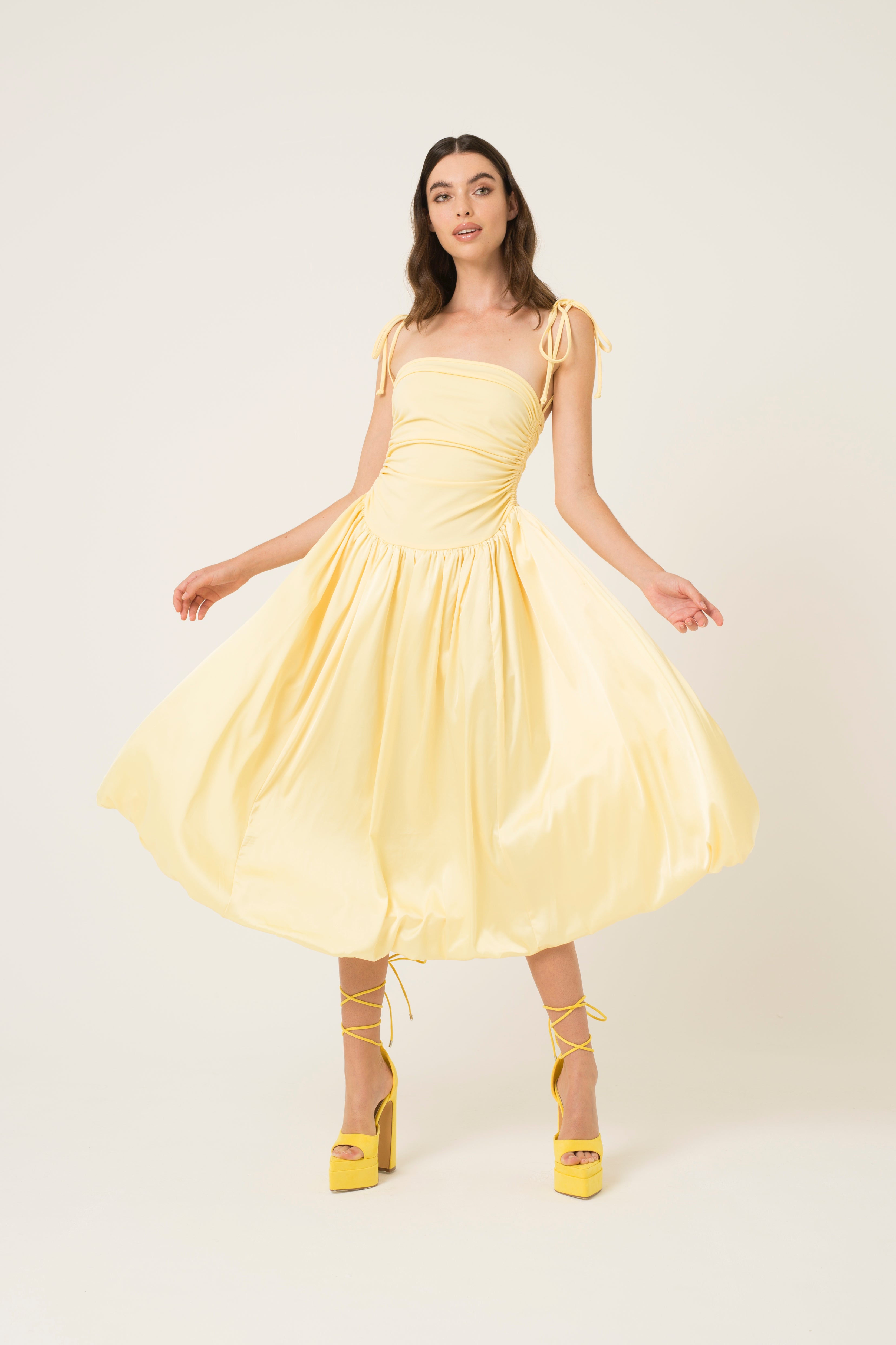 Alexa Yellow Puffball Fit and Flare Cotton Midi Dress