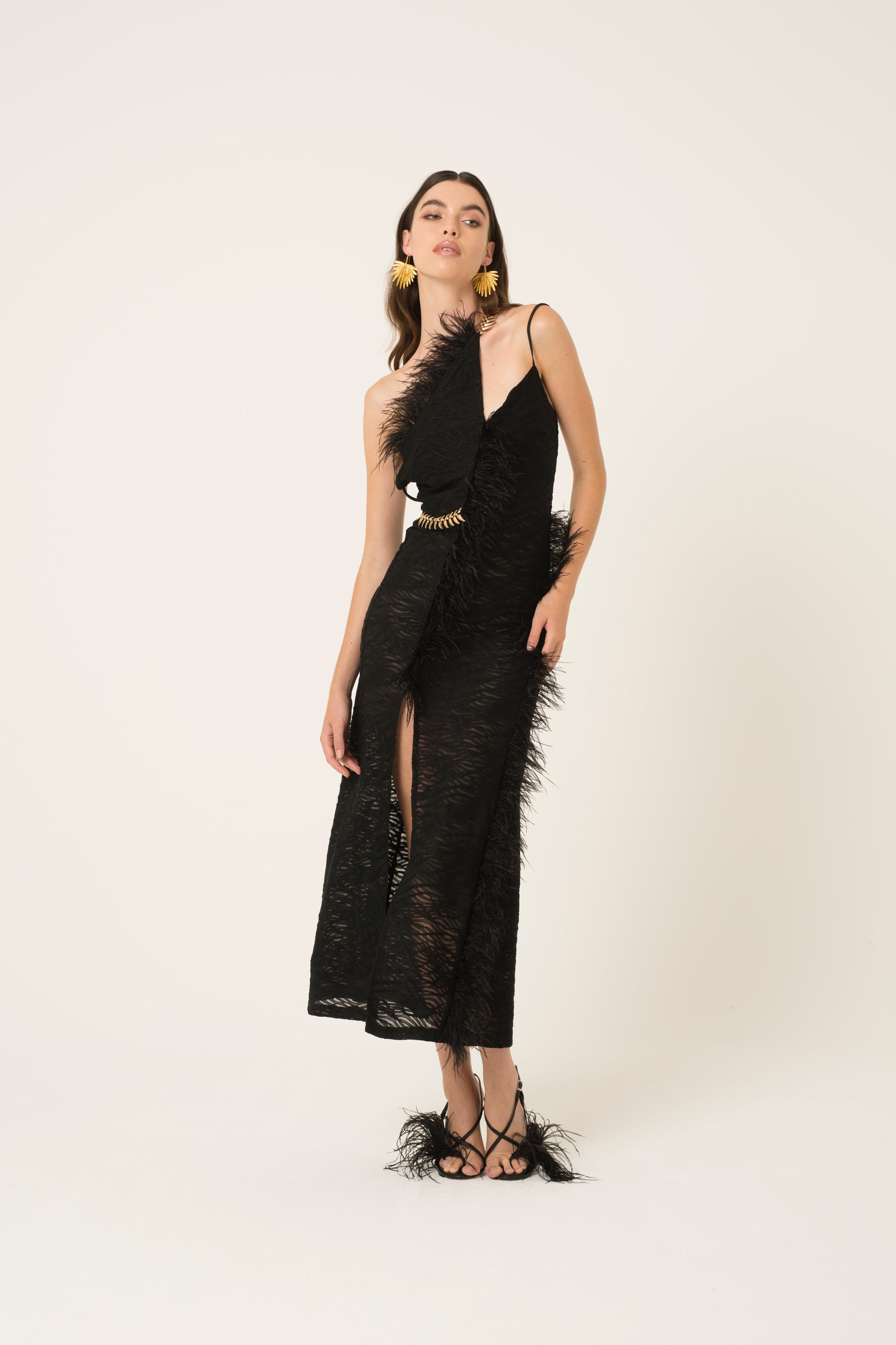 Coco Black Faux Feather Trim Dress