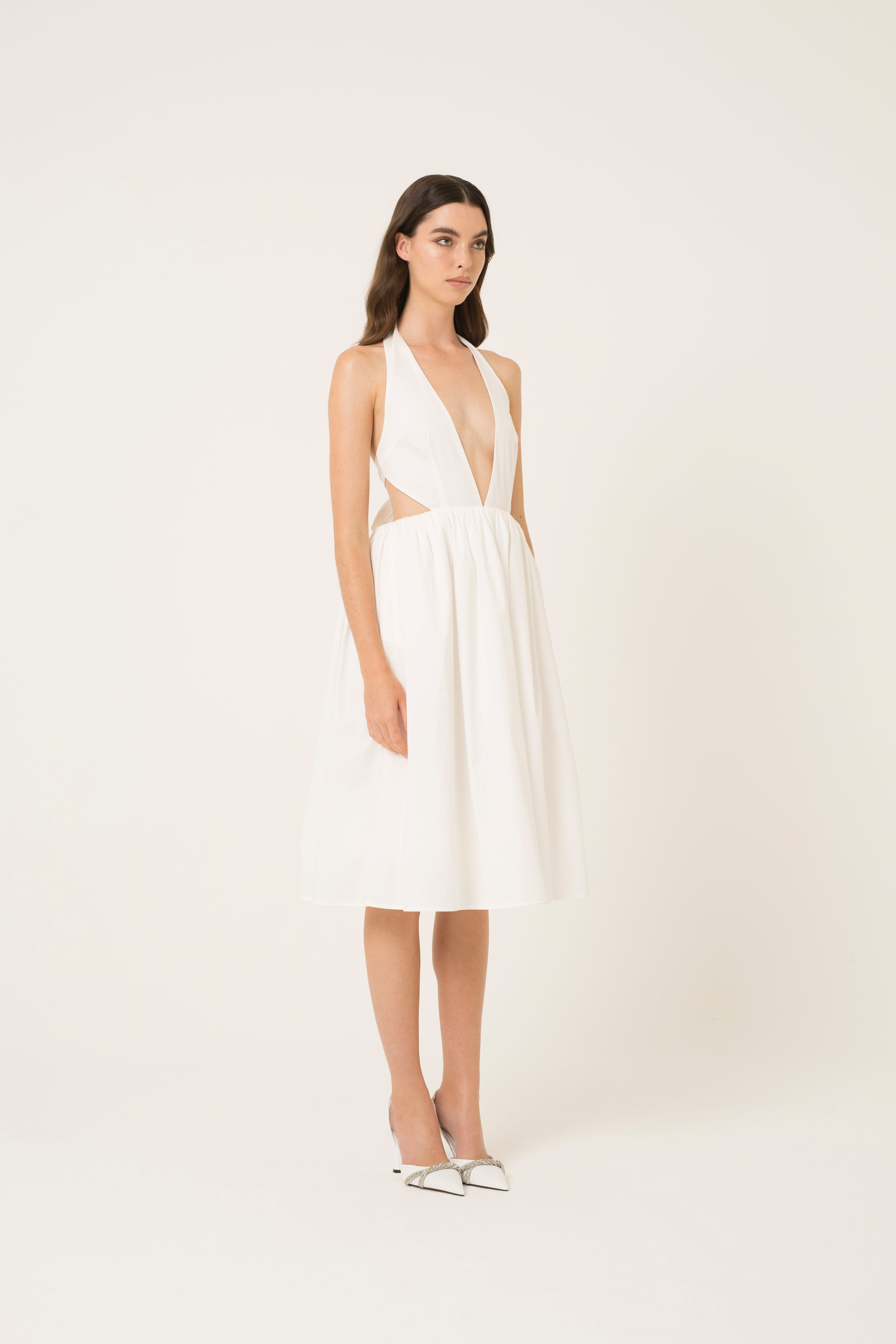 Marilyn White Halter Neck Cotton Fit and Flare Midi Dress