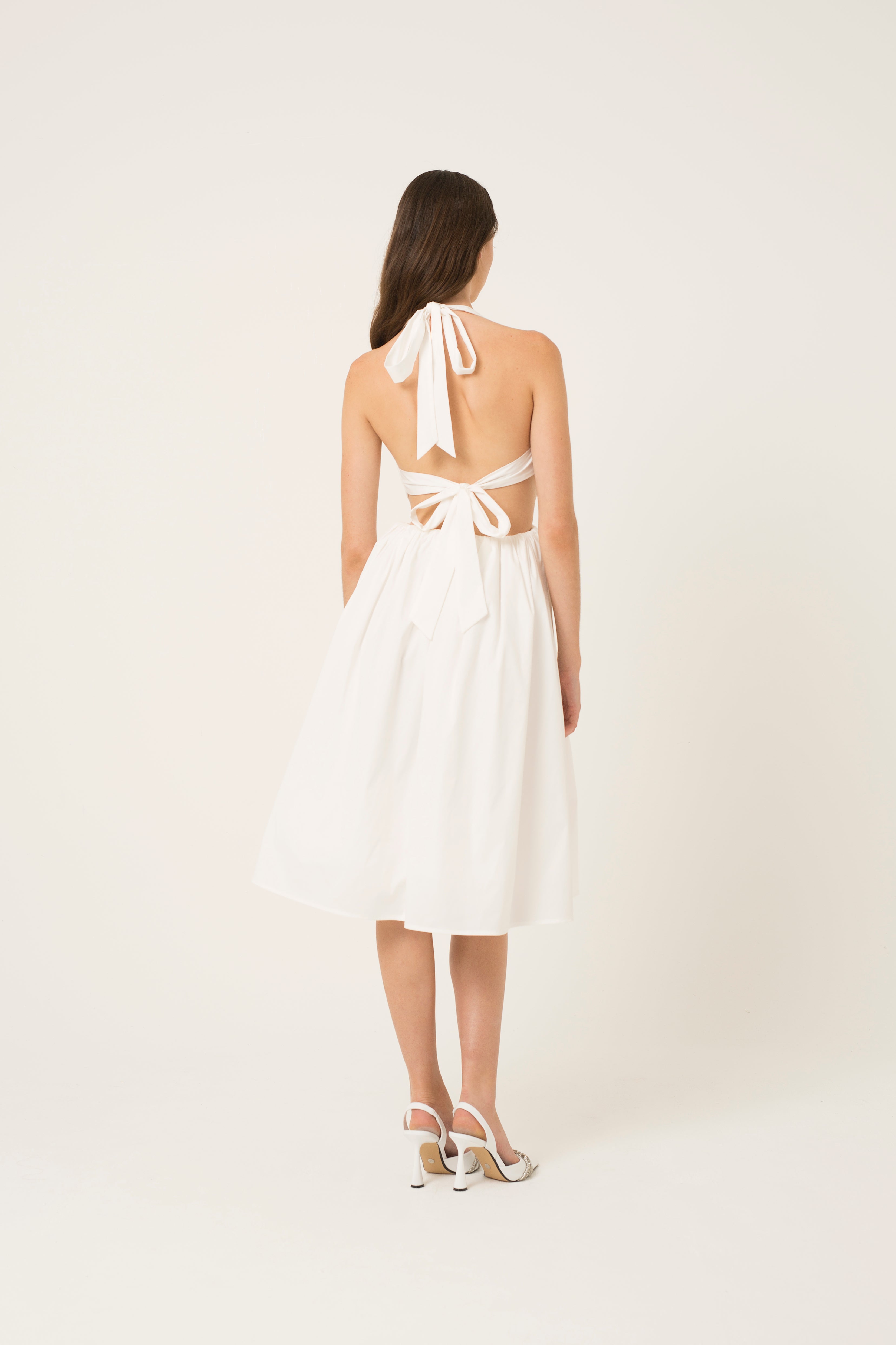 Marilyn White Halter Neck Cotton Fit and Flare Midi Dress