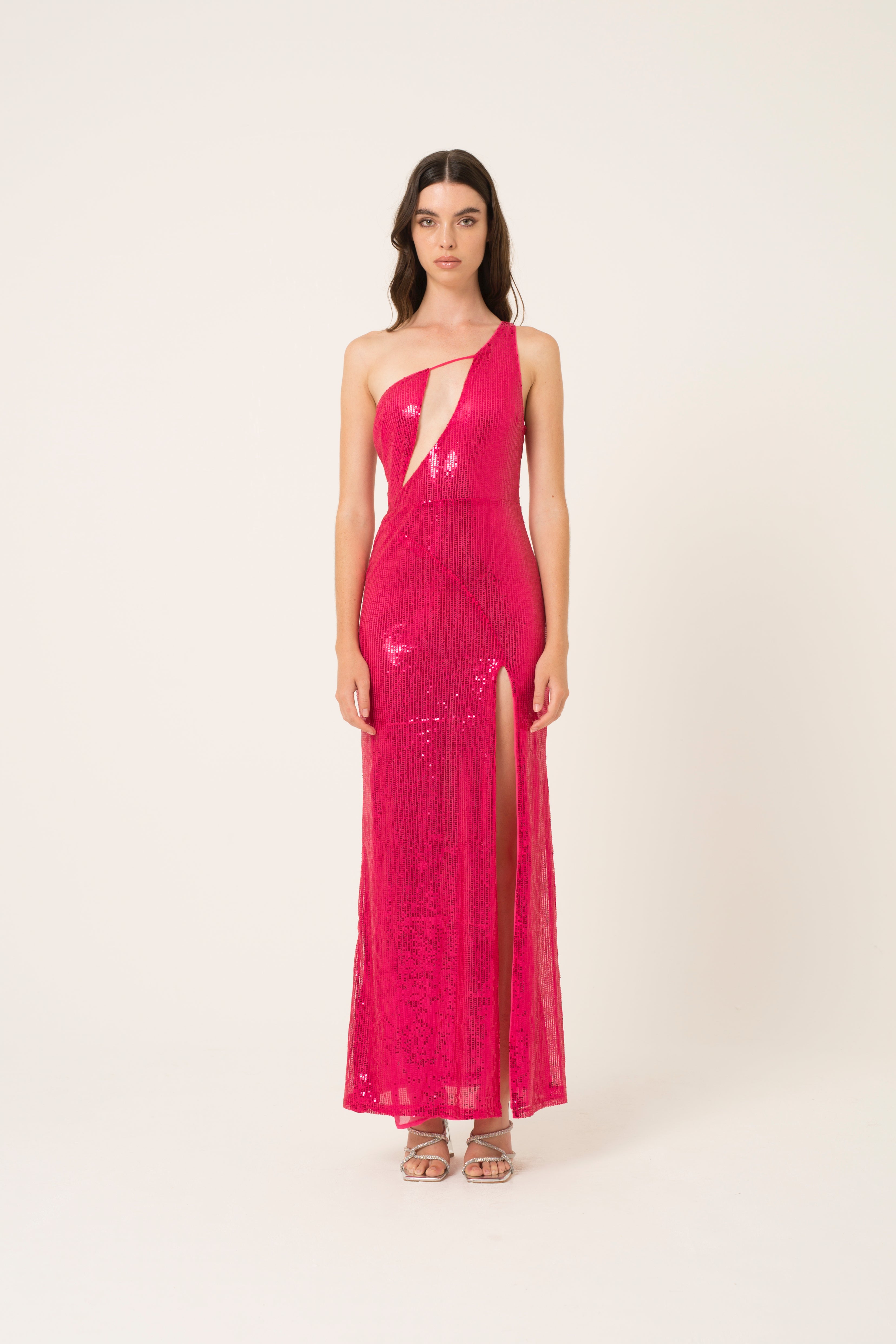 Fevan Pink High Slit Sequin Embellished Maxi Dress - Statement Occasion wear |  AmyLynn 