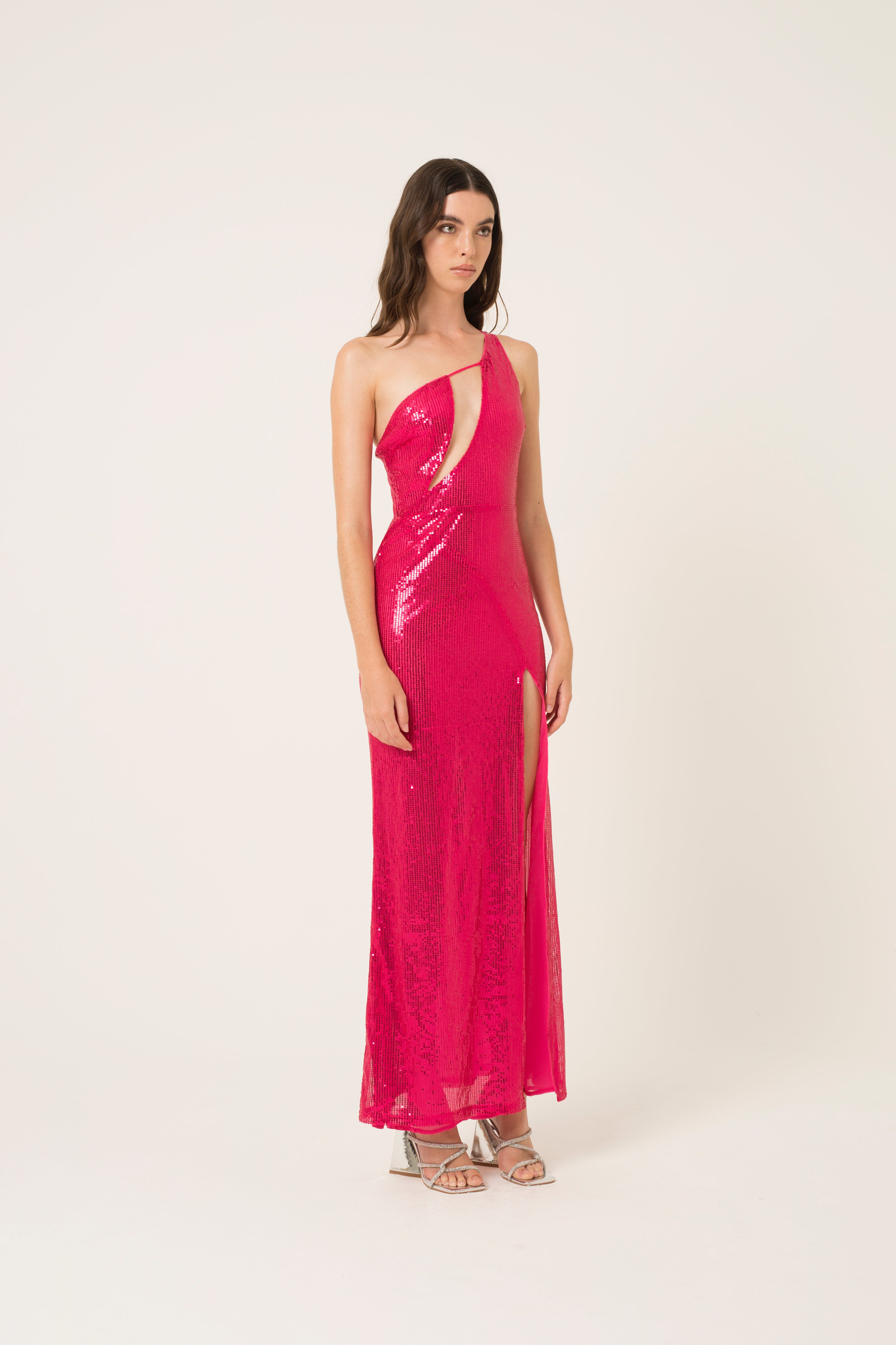 Fevan Pink High Slit Sequin Embellished Maxi Dress - Statement Occasion wear |  AmyLynn 