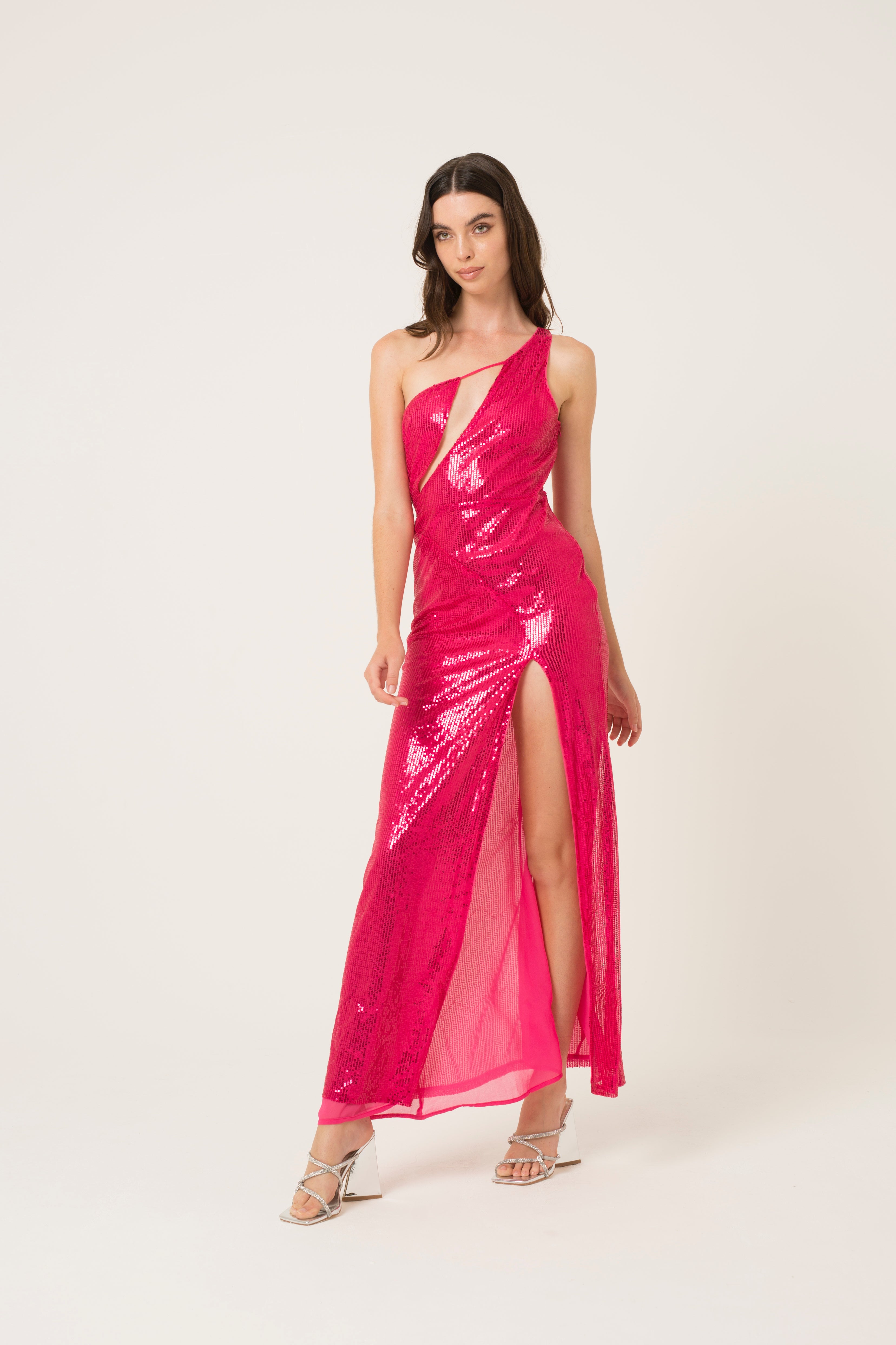 Fevan Pink High Slit Sequin Embellished Maxi Dress - Statement Occasion wear |  AmyLynn 