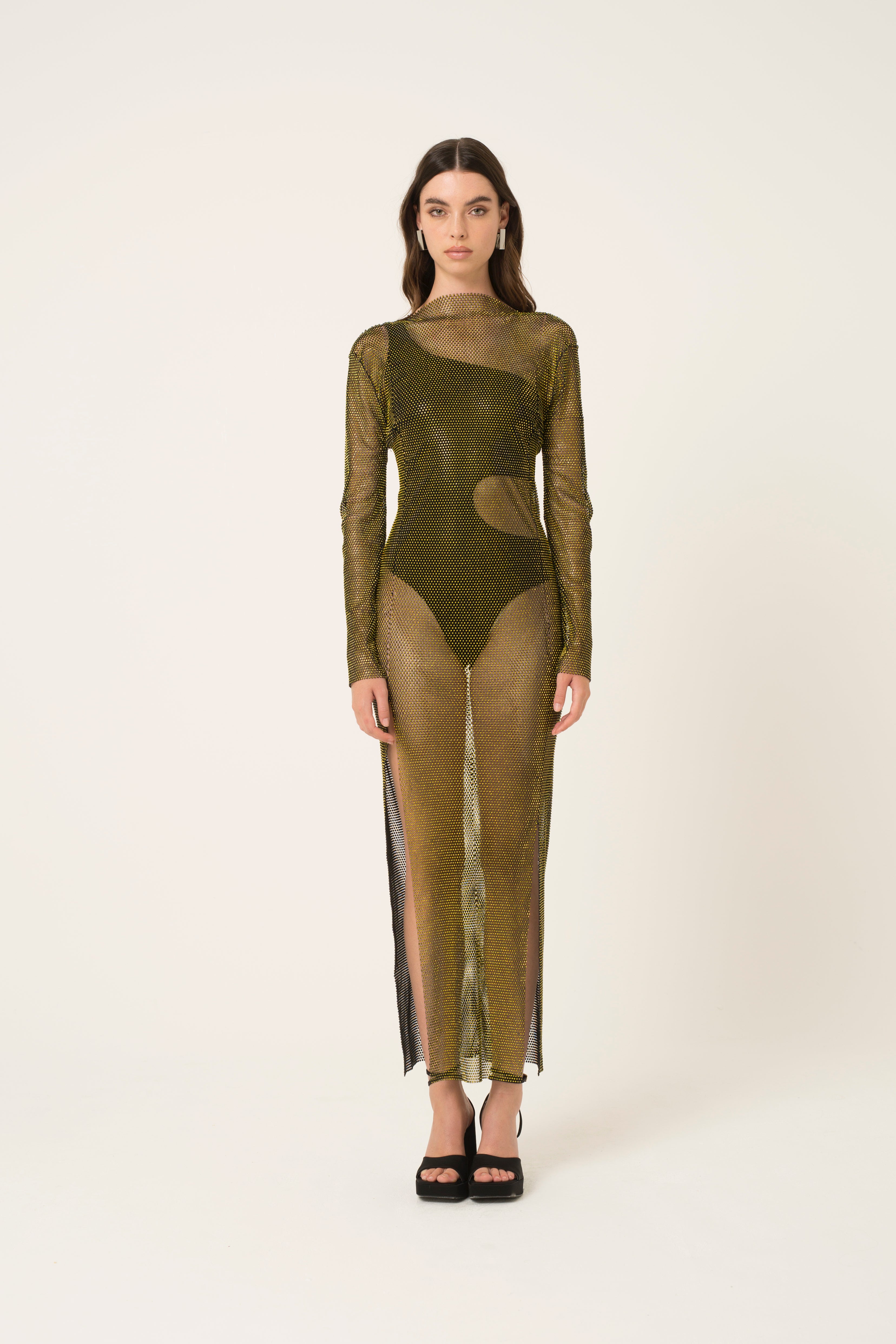 Meghan Premium Rhinestone Embellished Net Mesh Maxi Dress | AmyLynn