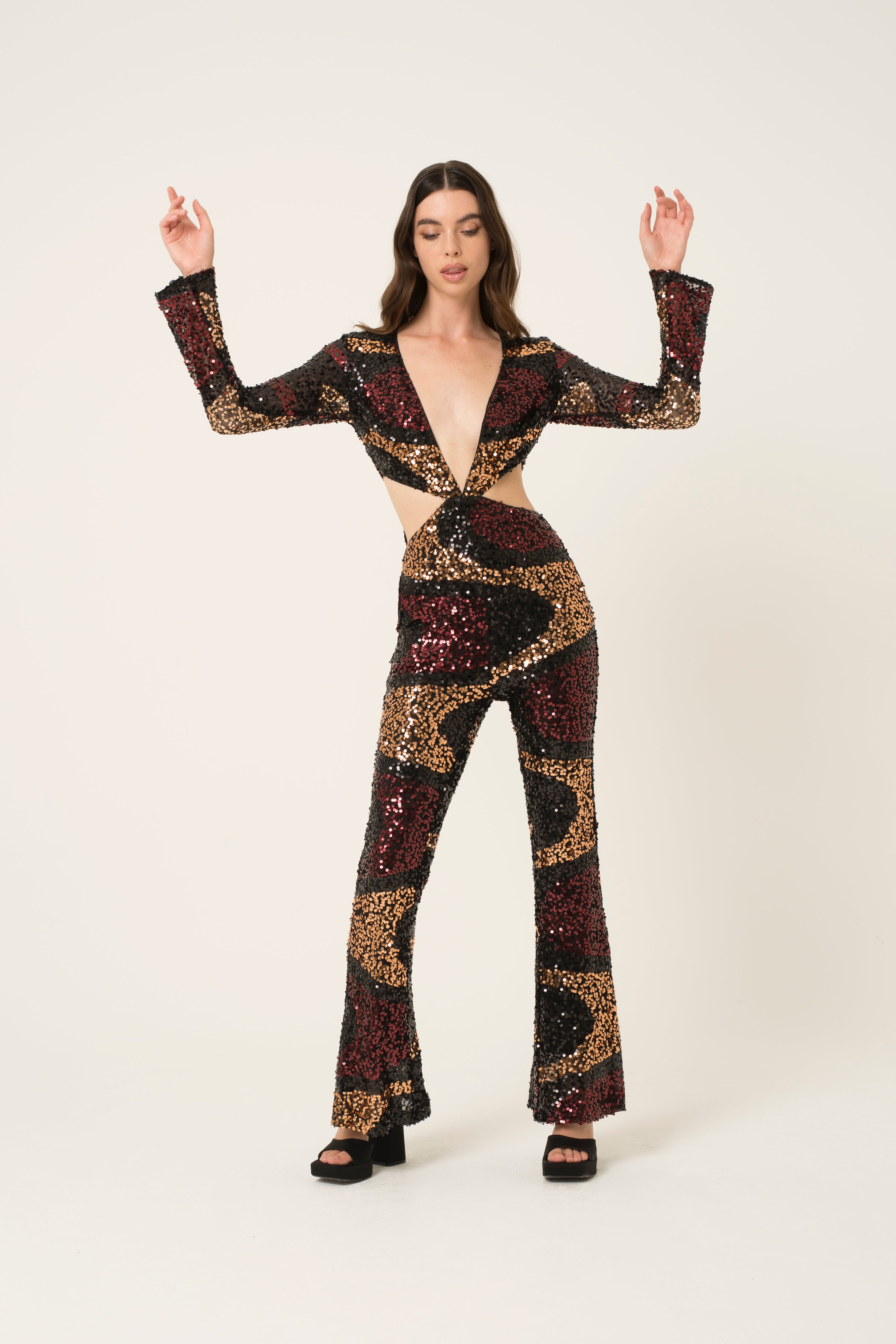 Vegas Black Embellished Cut Out Wide Leg Swirl Print Sequin Jumpsuit