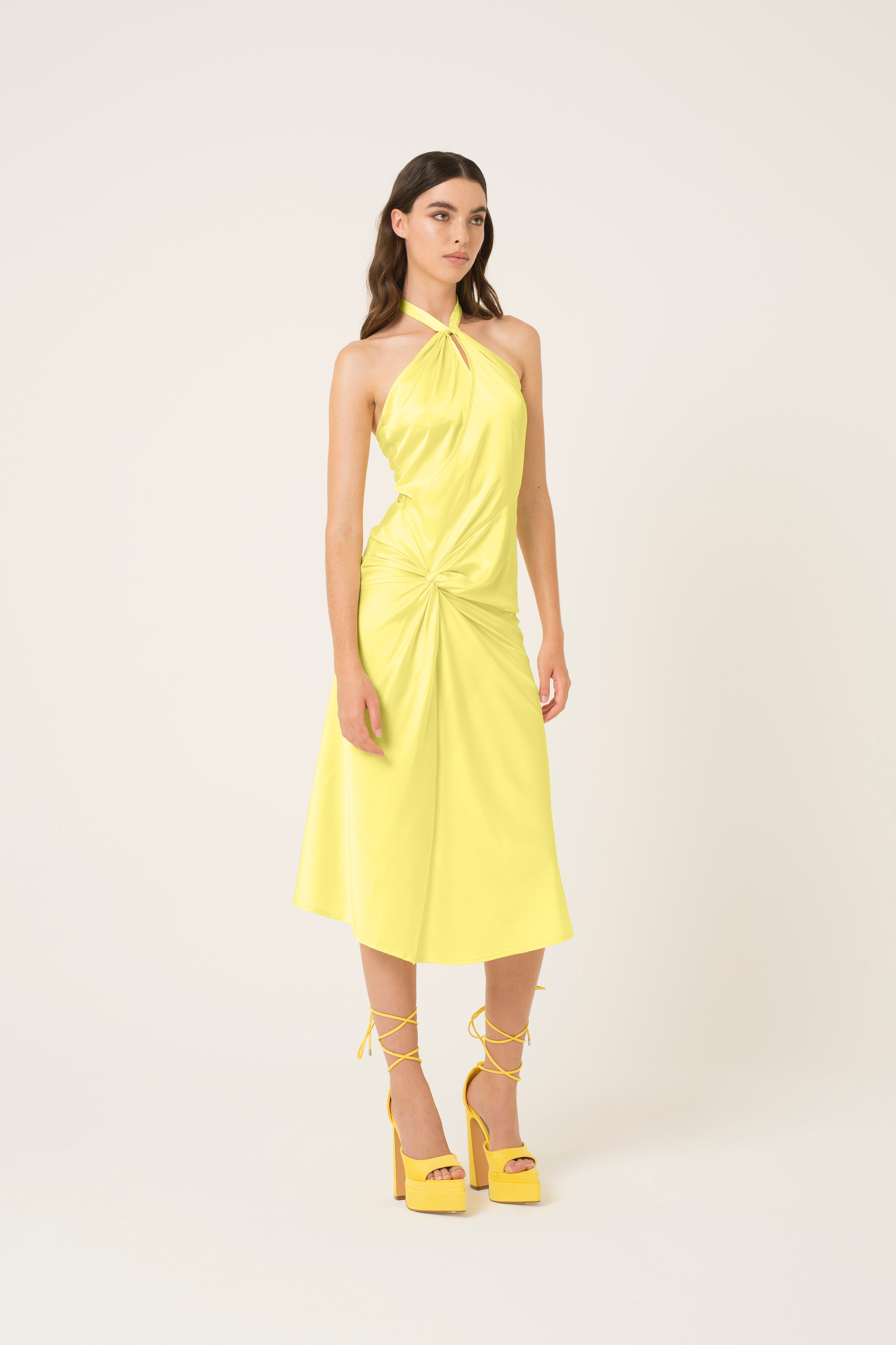 Serena Yellow Satin Halter Neck Midi Dress