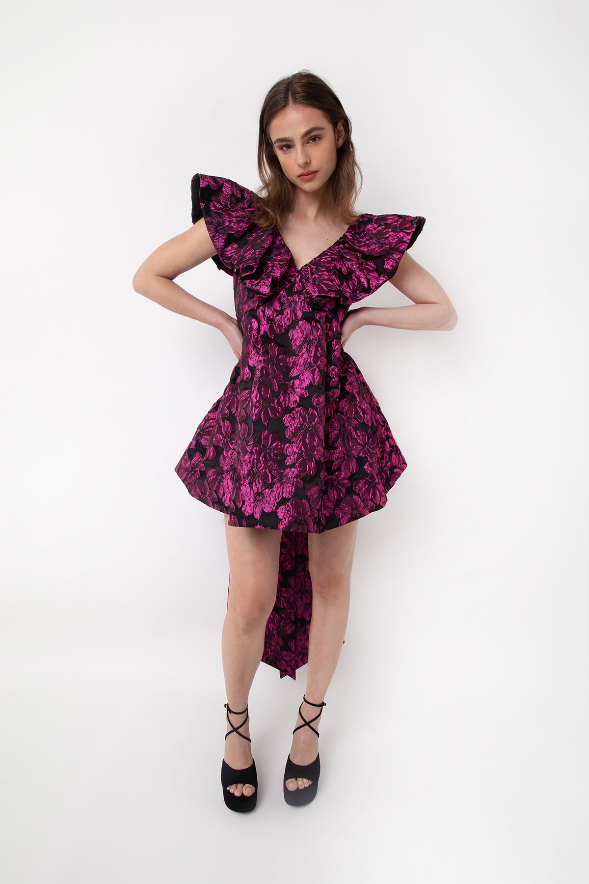Jaime Purple Floral Jacquard Ruffle Sleeve Mini Dress