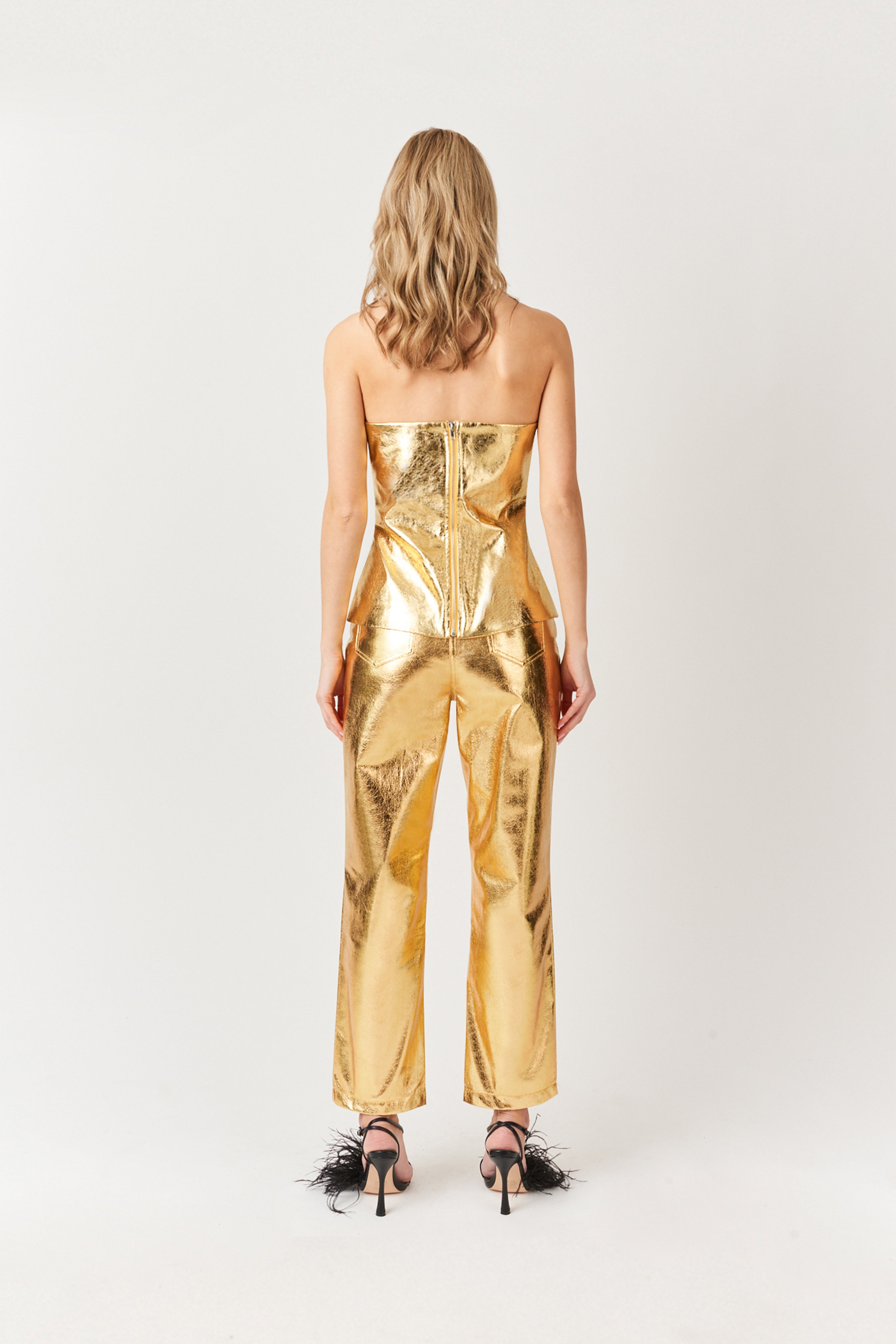 Johanna Gold Metallic Faux Leather Bandeau Corset Top | AmyLynn