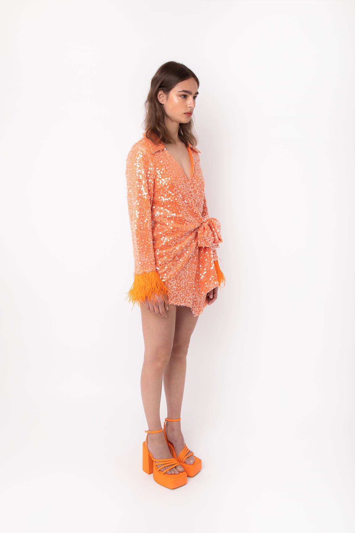 Fitz Orange Sequin Embellished Wrap with Feather Trim Mini Dress  | AMYLYNN