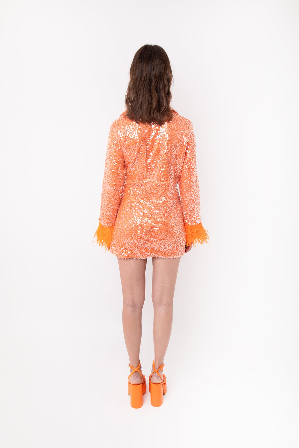Fitz Orange Sequin Embellished Wrap with Feather Trim Mini Dress  | AMYLYNN