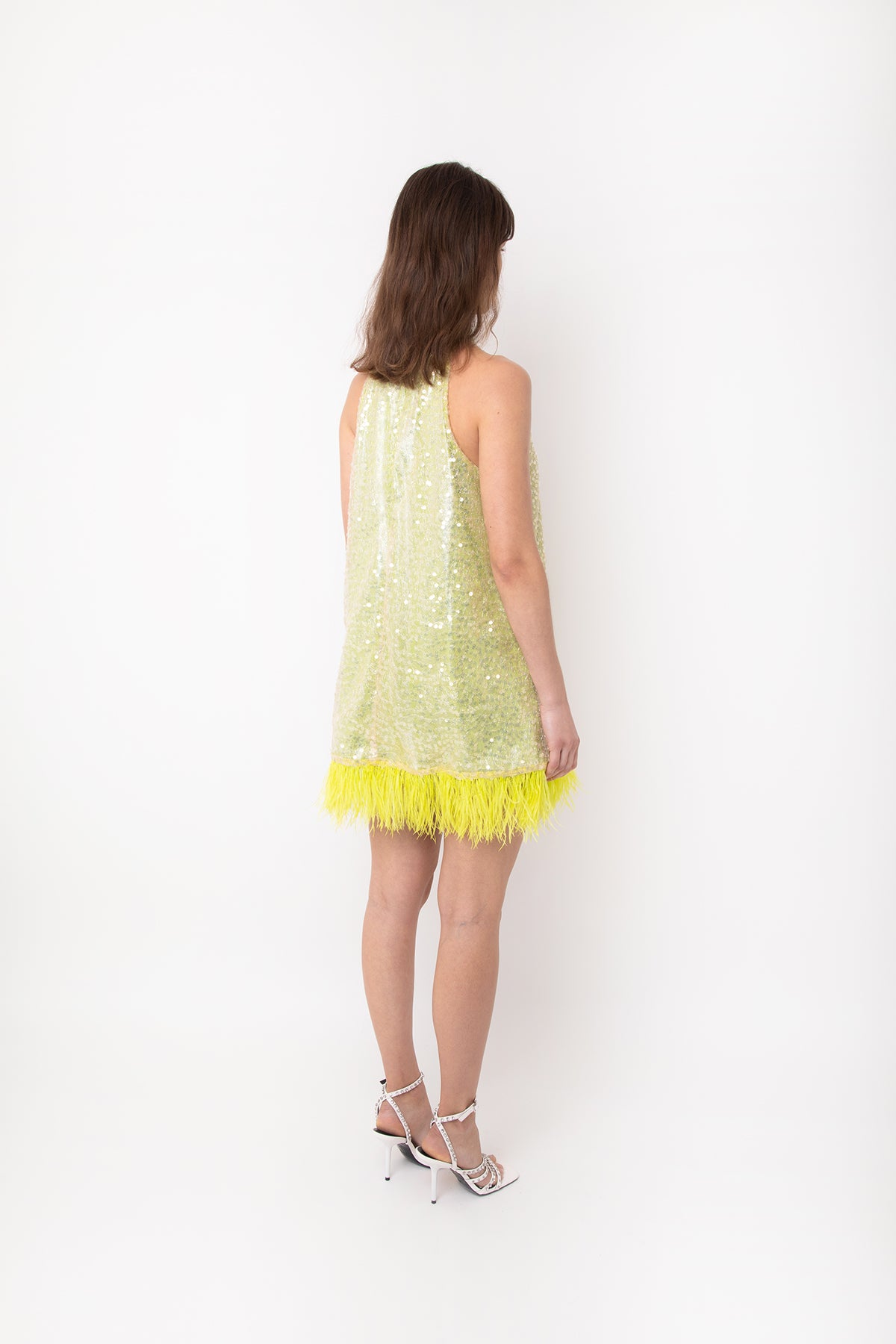 Esther Green Sequin Feather Trim Mini Dress  - Standout Occasion-Wear | AMYLYNN