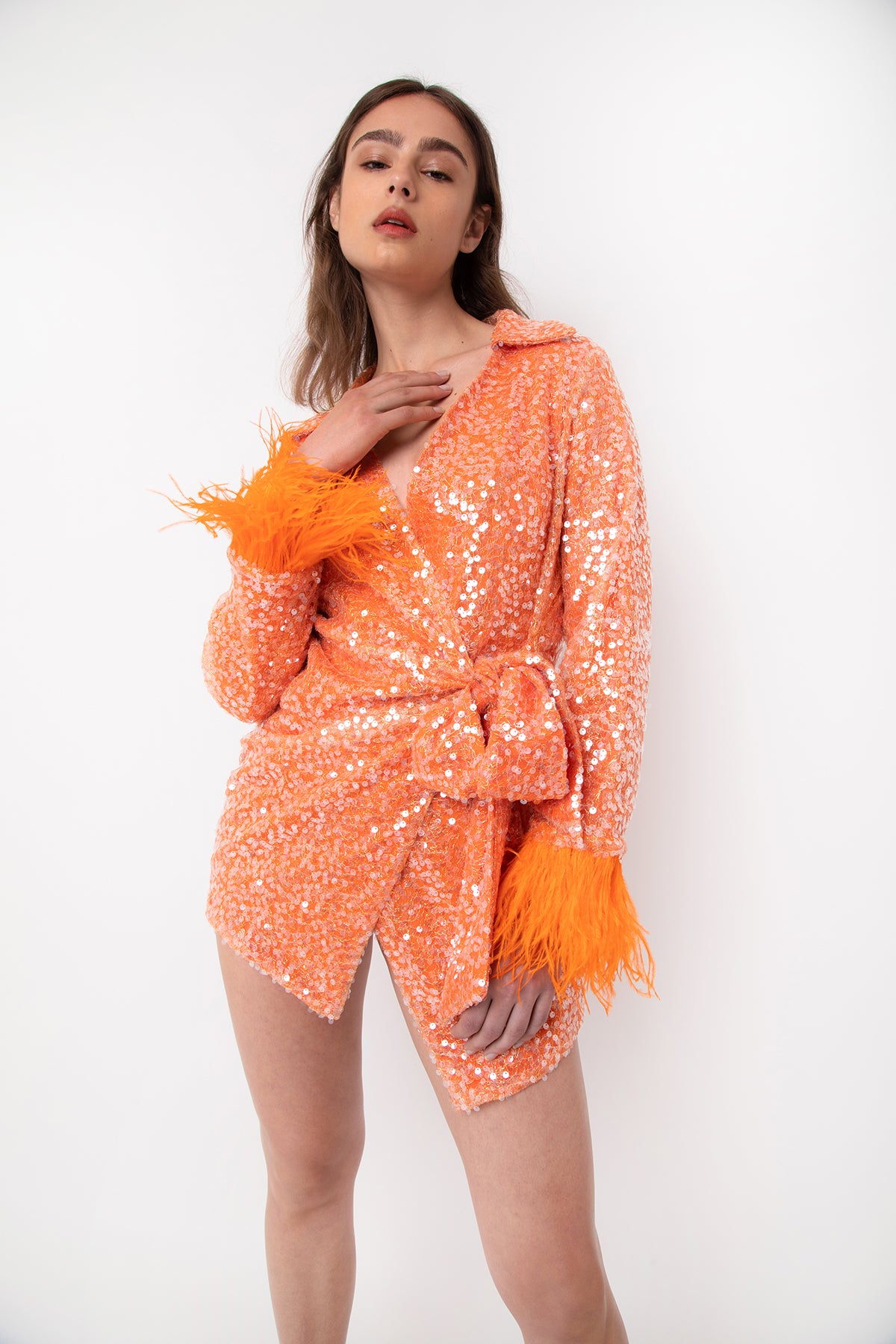Fitz Orange Sequin Embellished Wrap with Feather Trim Mini Dress  | AMYLYNN