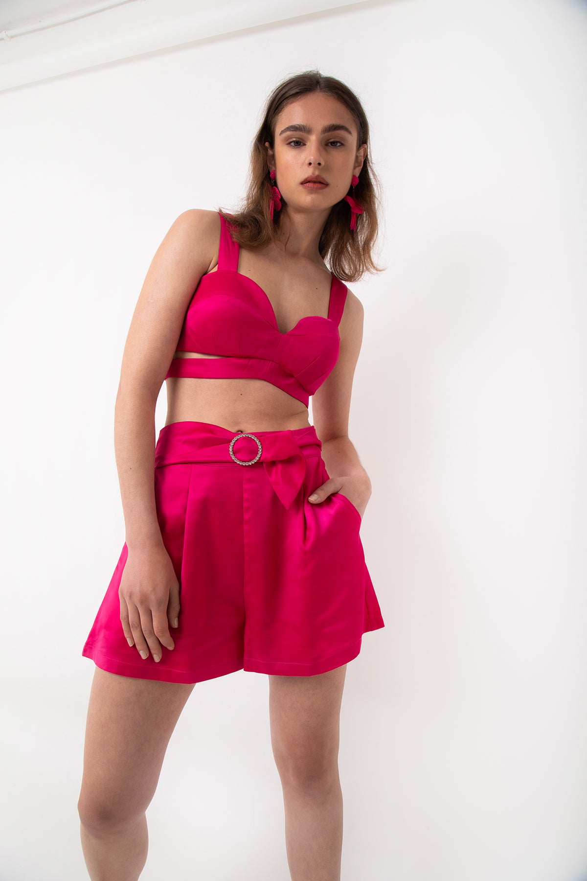 Mirabella Pink Satin High Waist Shorts | AMYLYNN