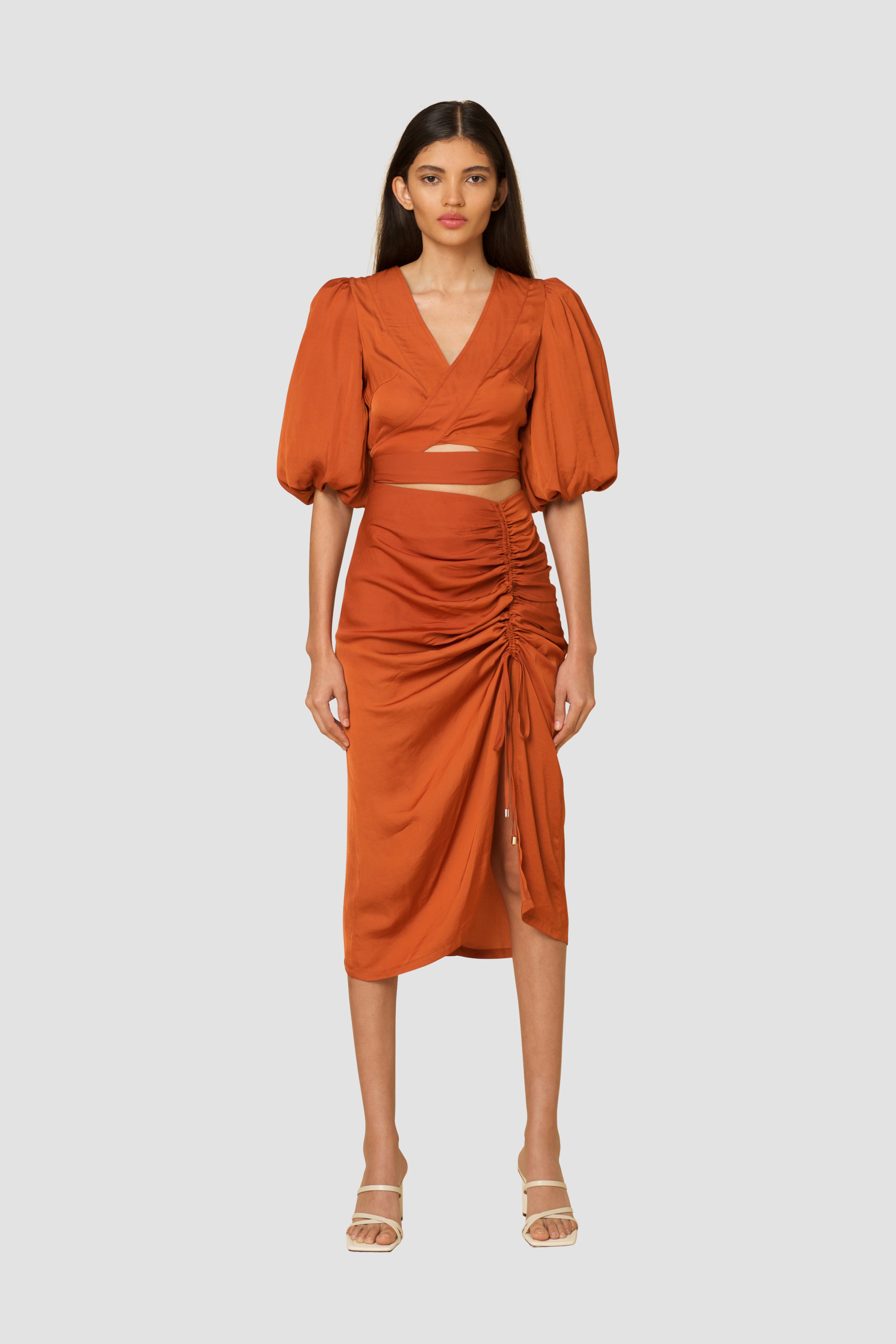 Laurie Tan Satin Pull-Cord Skirt