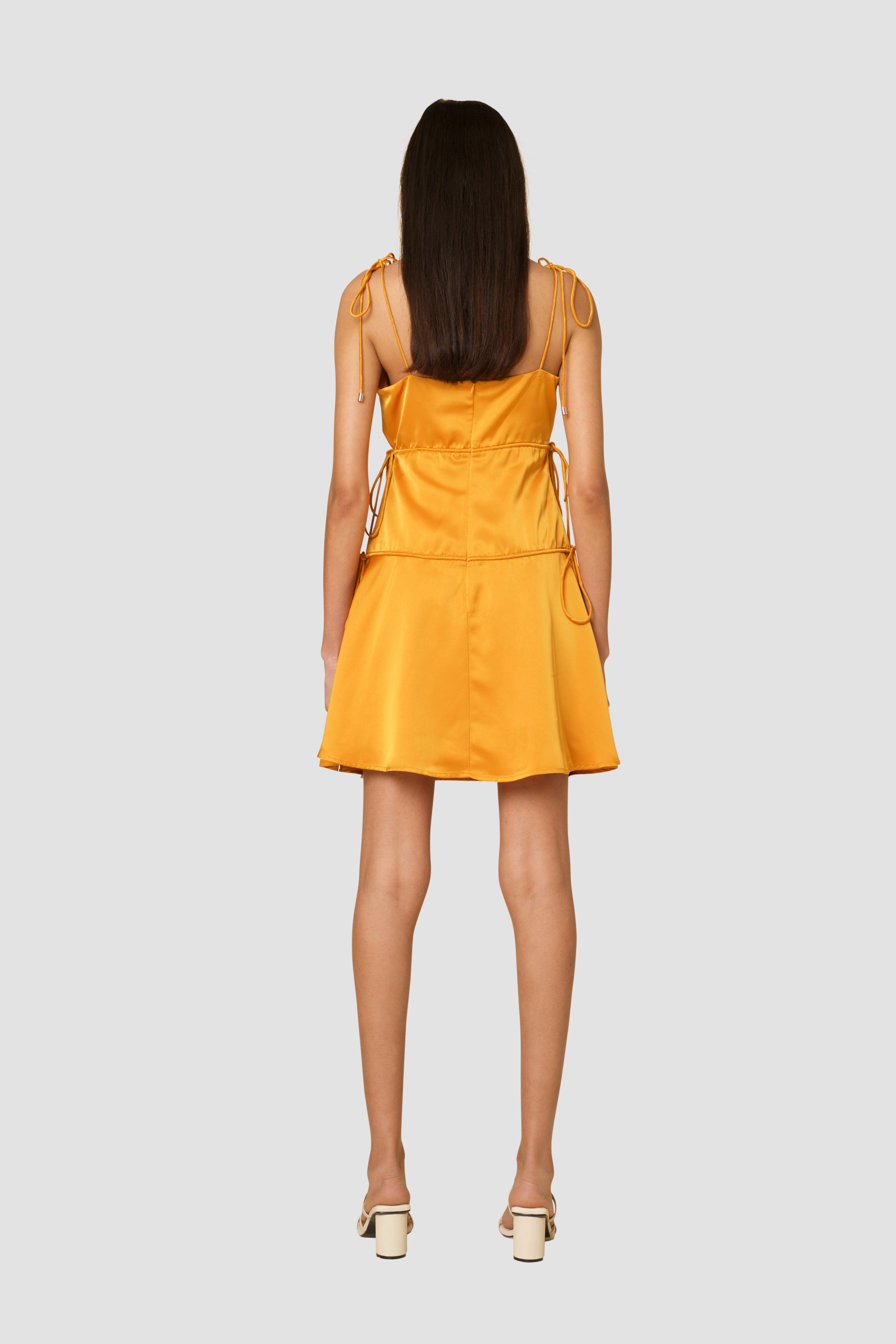 Clancy Orange Satin Slip Mini Dress with Tie Shoulders  | AMYLYNN