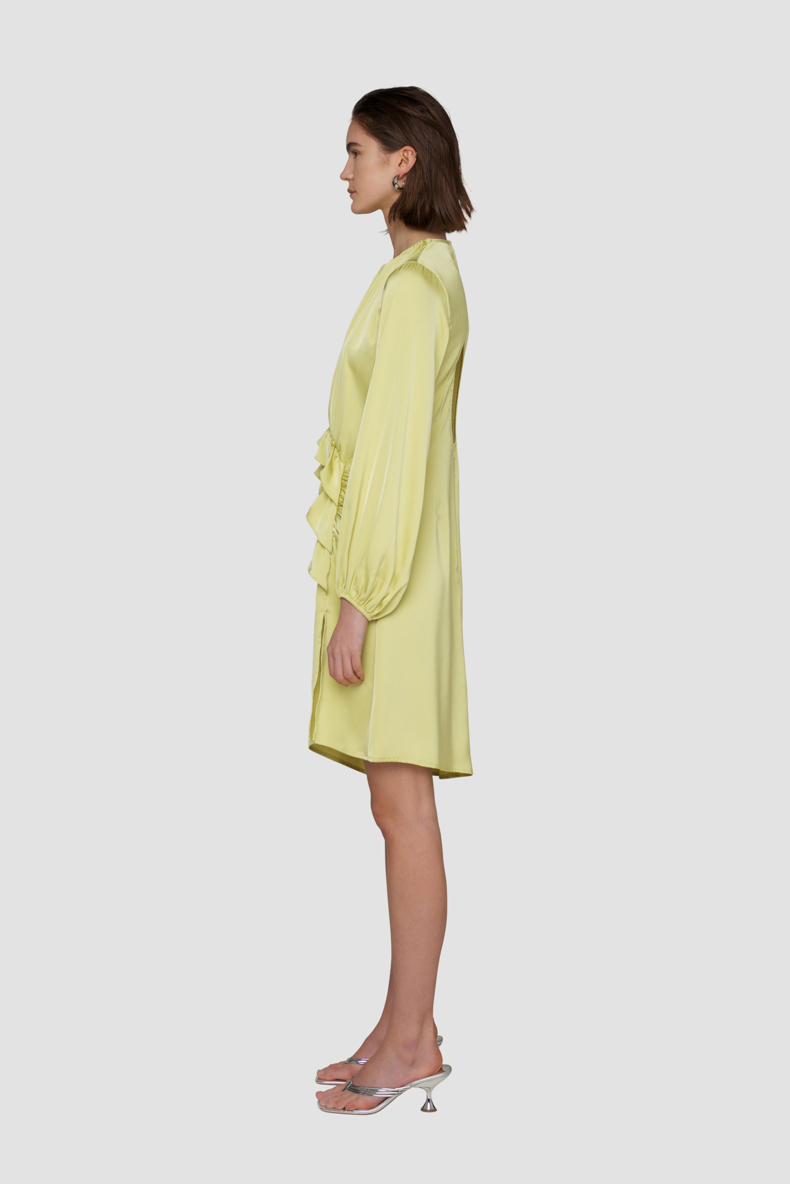 Maggie Lemon Yellow Satin Ruffle Midi Dress