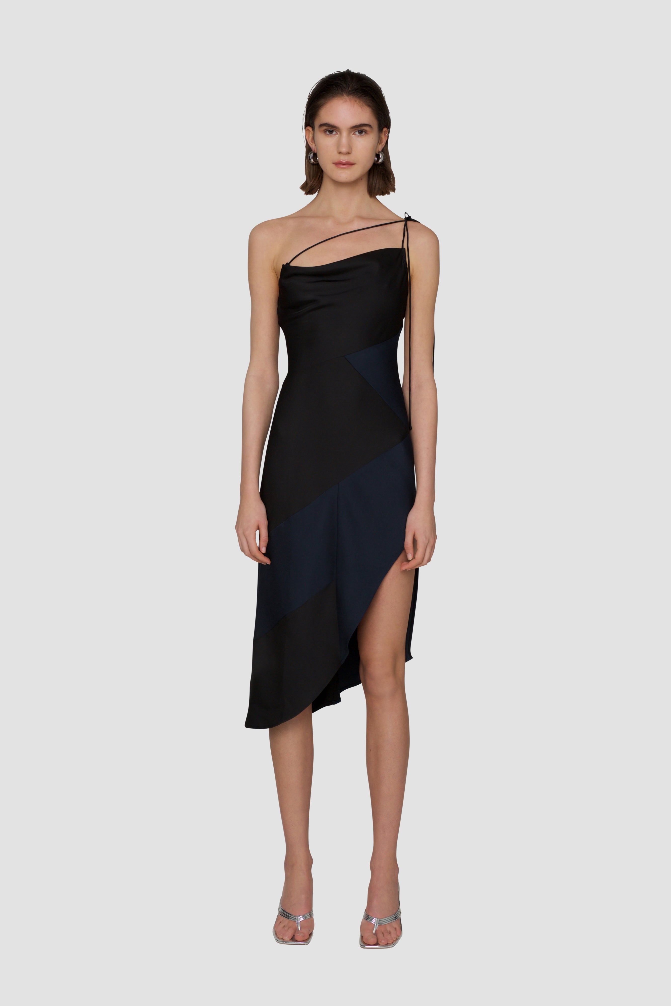 Gracie Black Satin Colour Block Slip Dress