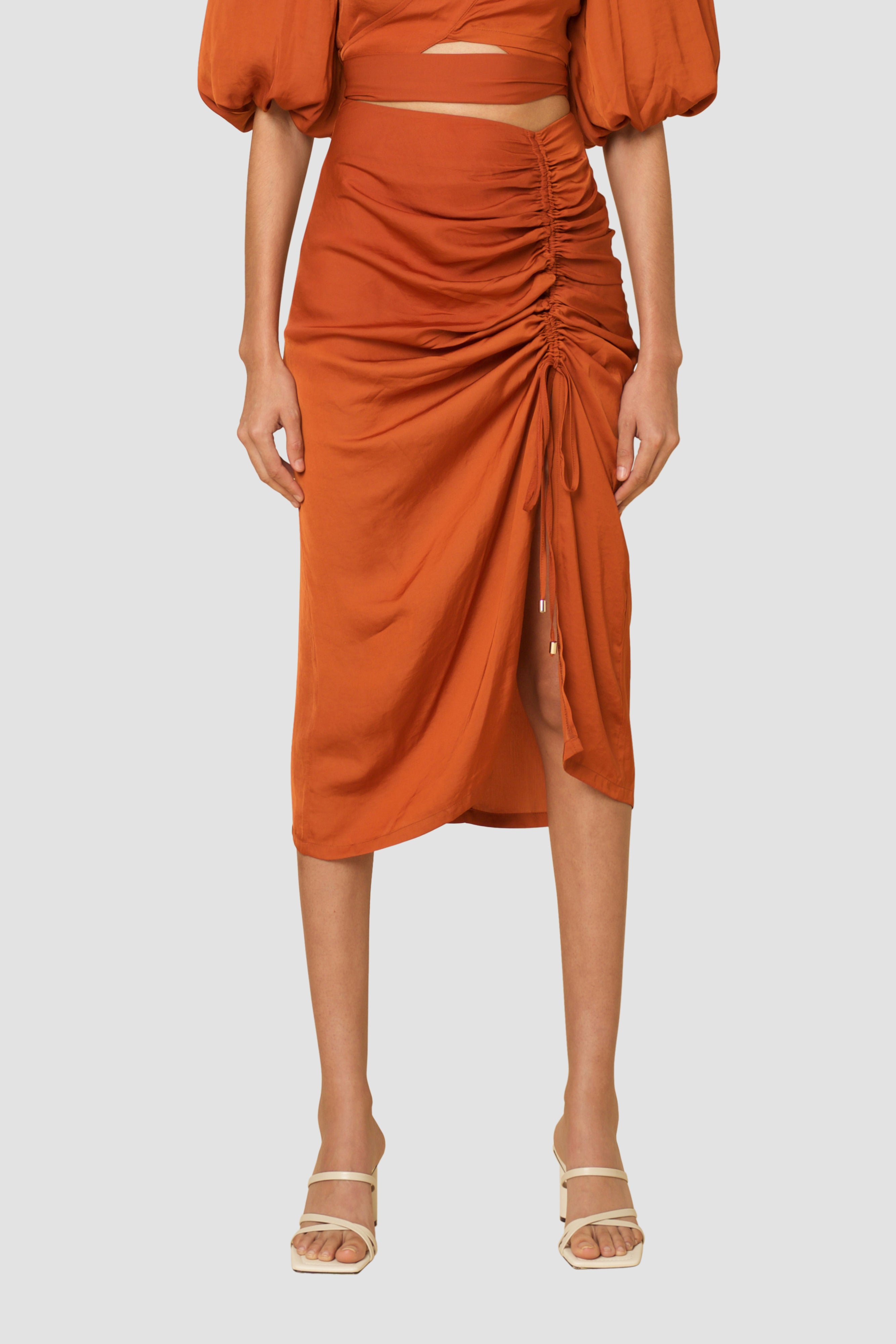 Laurie Tan Satin Pull-Cord Skirt