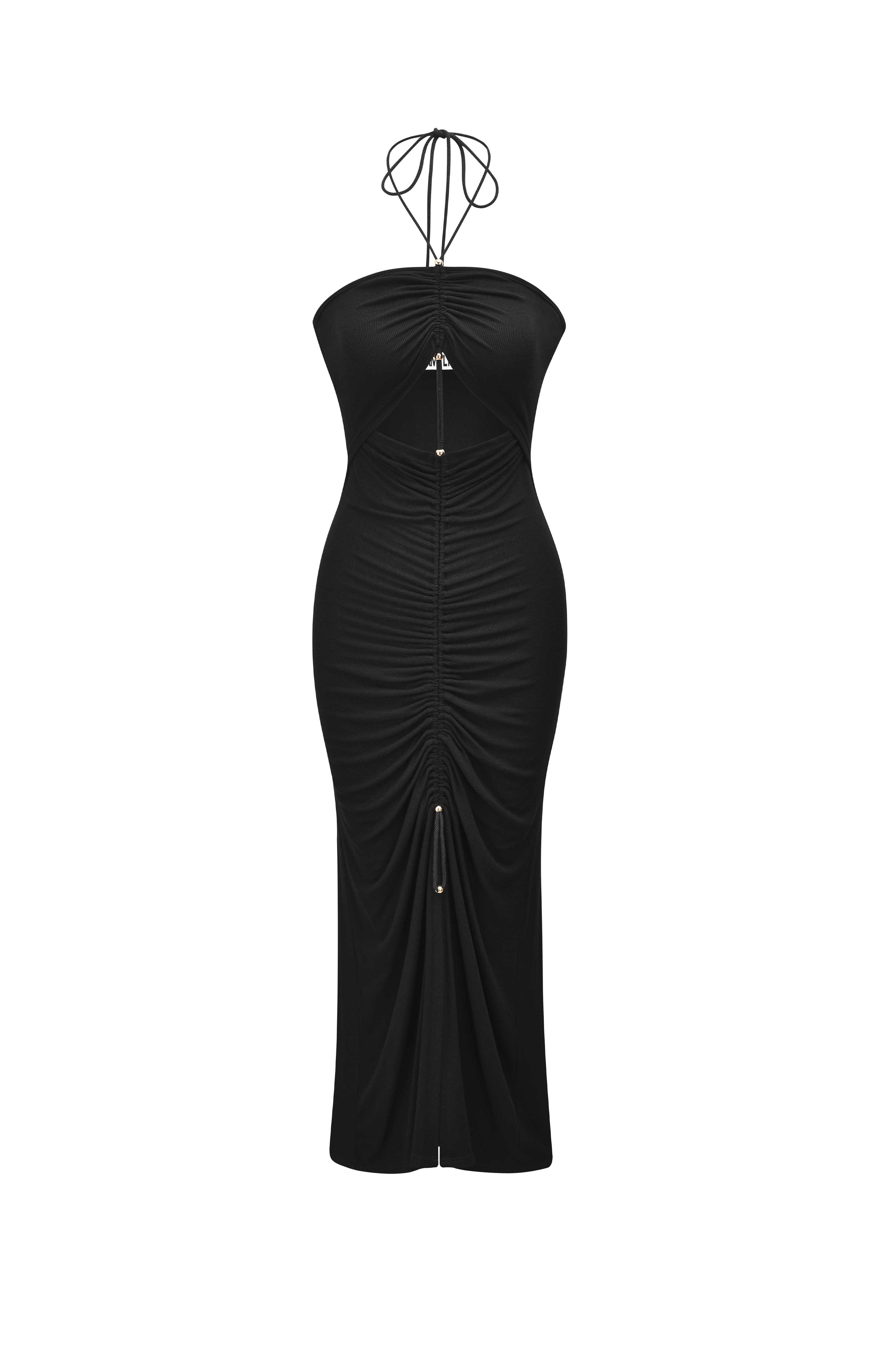 Vega Jersey Black Halter-neck Ruche Maxi Dress | AMYLYNN