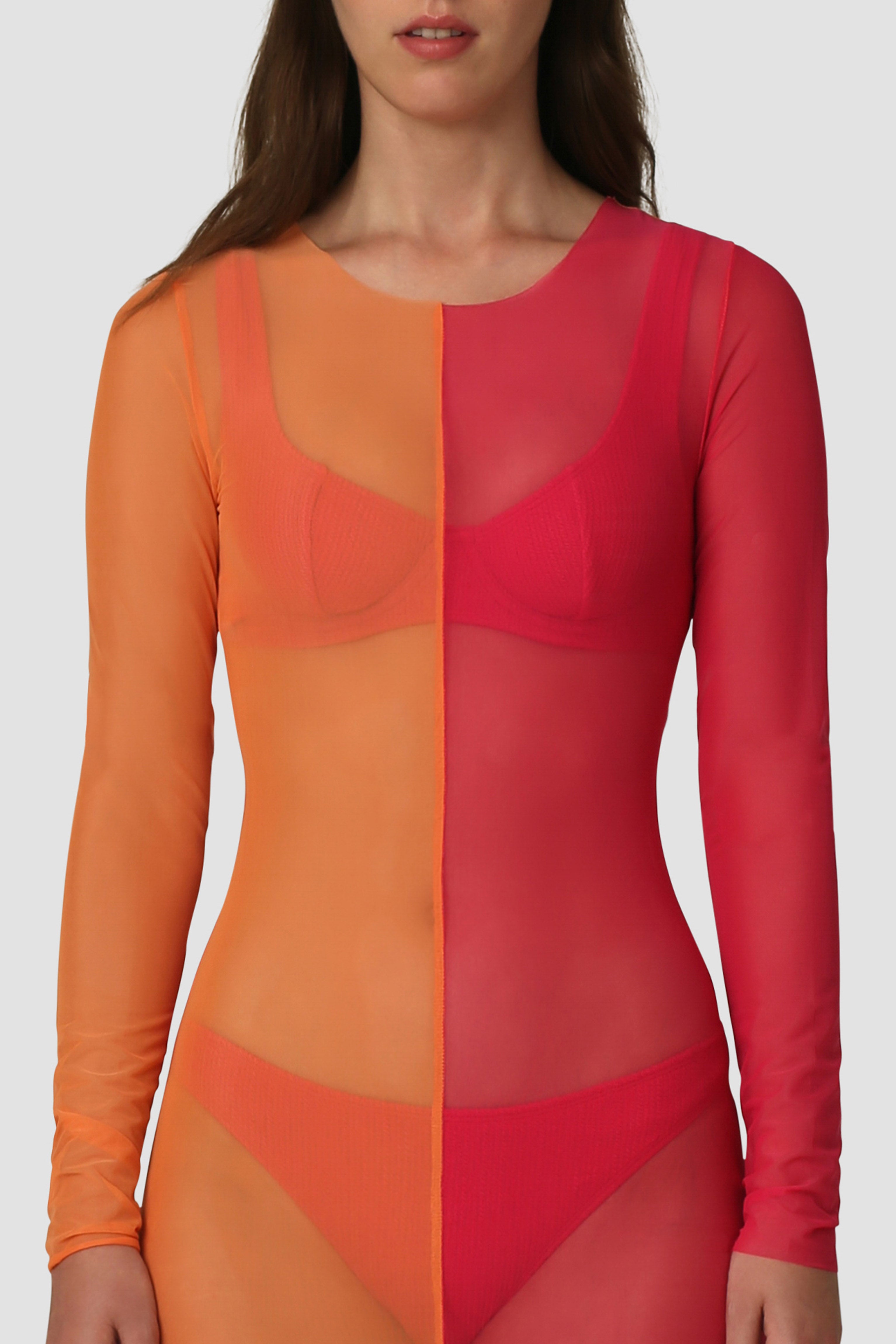 Gemini Colour Block Sheer Mesh Dress in Orange and Pink | AMYLYNN