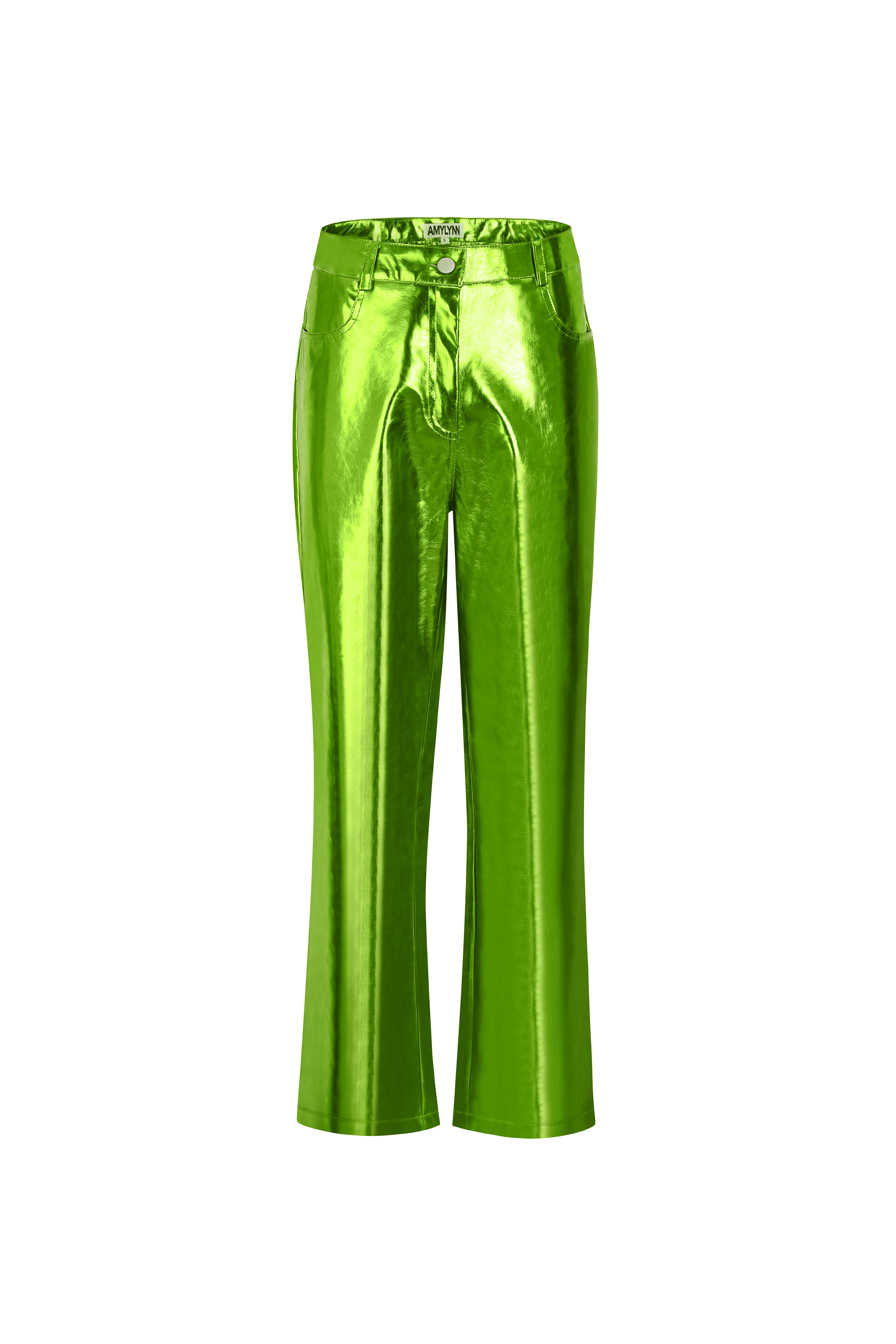 Lupe Green Metallic Straight Leg High Rise Vegan Leather Trousers | AmyLynn 