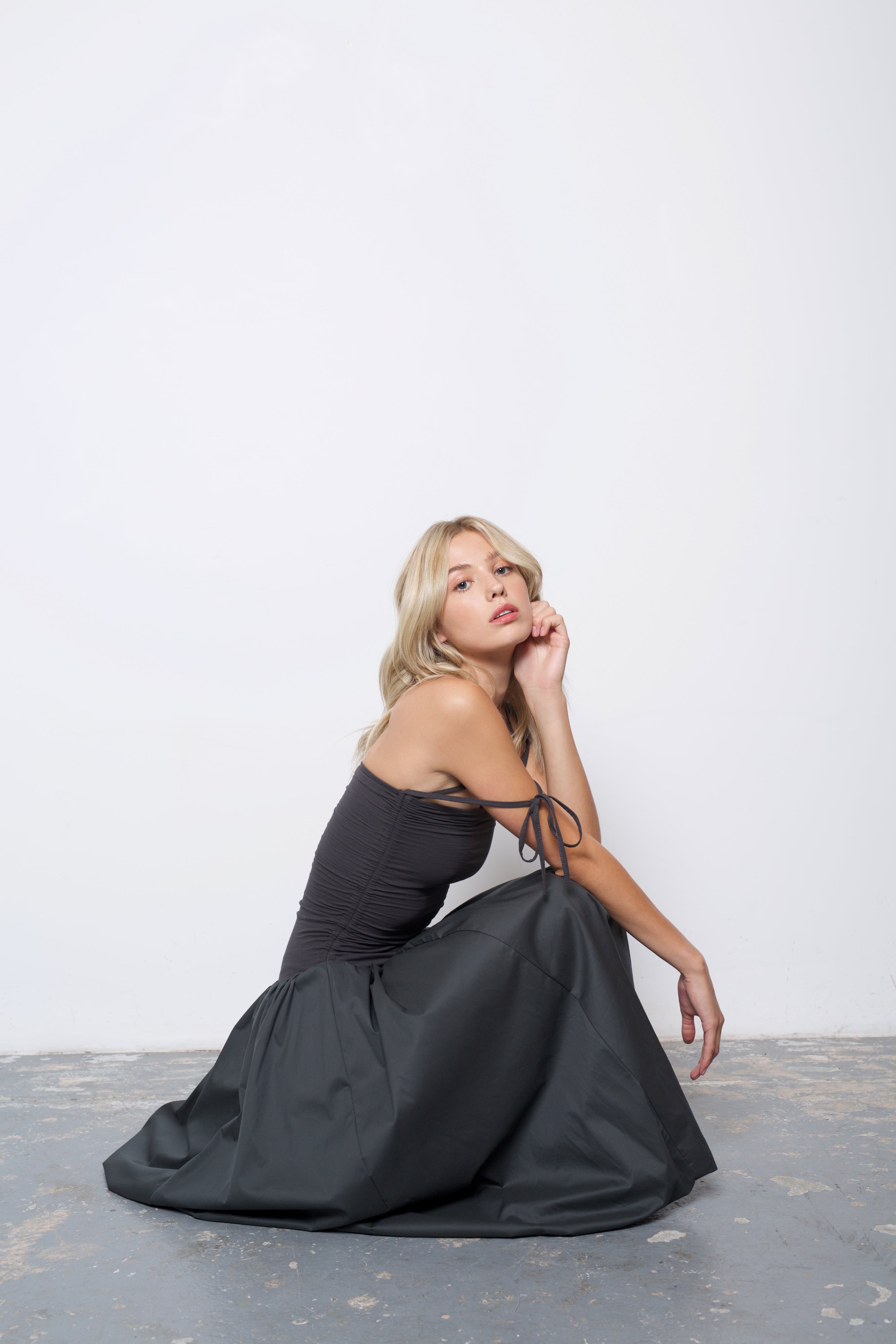 Alexa Dark Grey Puffball Cotton Stretch Midi Dress | AmyLynn