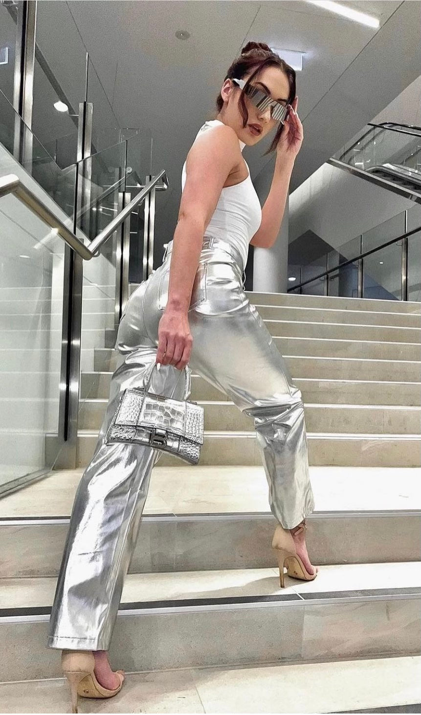 Lupe Silver Metallic Straight Leg High Rise Faux Leather Trousers | AmyLynn 