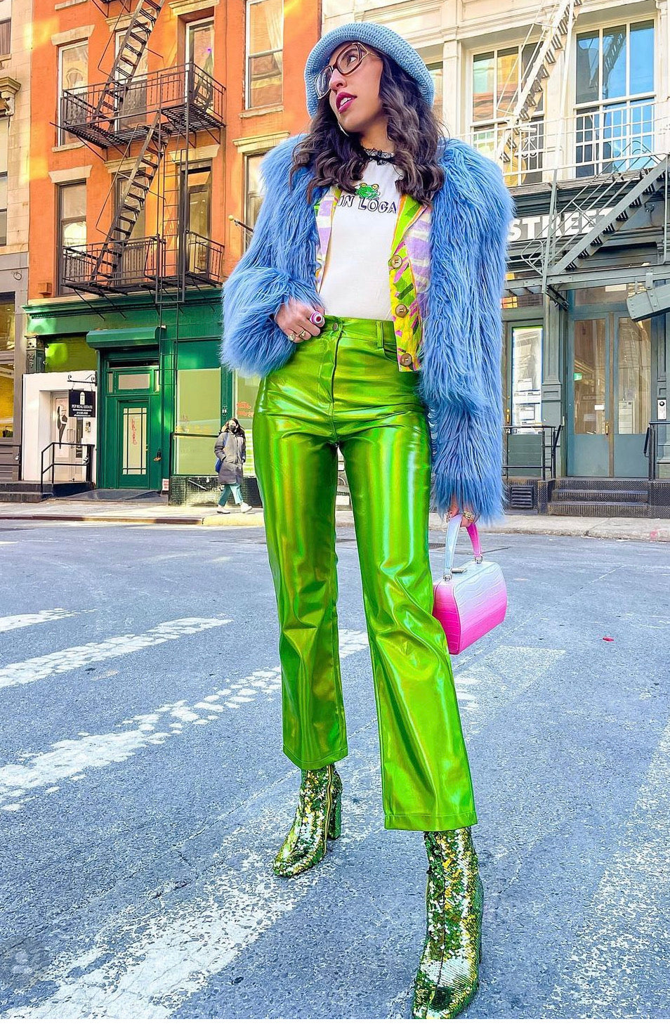 Lupe Green Metallic Straight Leg High Rise Vegan Leather Trousers | AmyLynn 