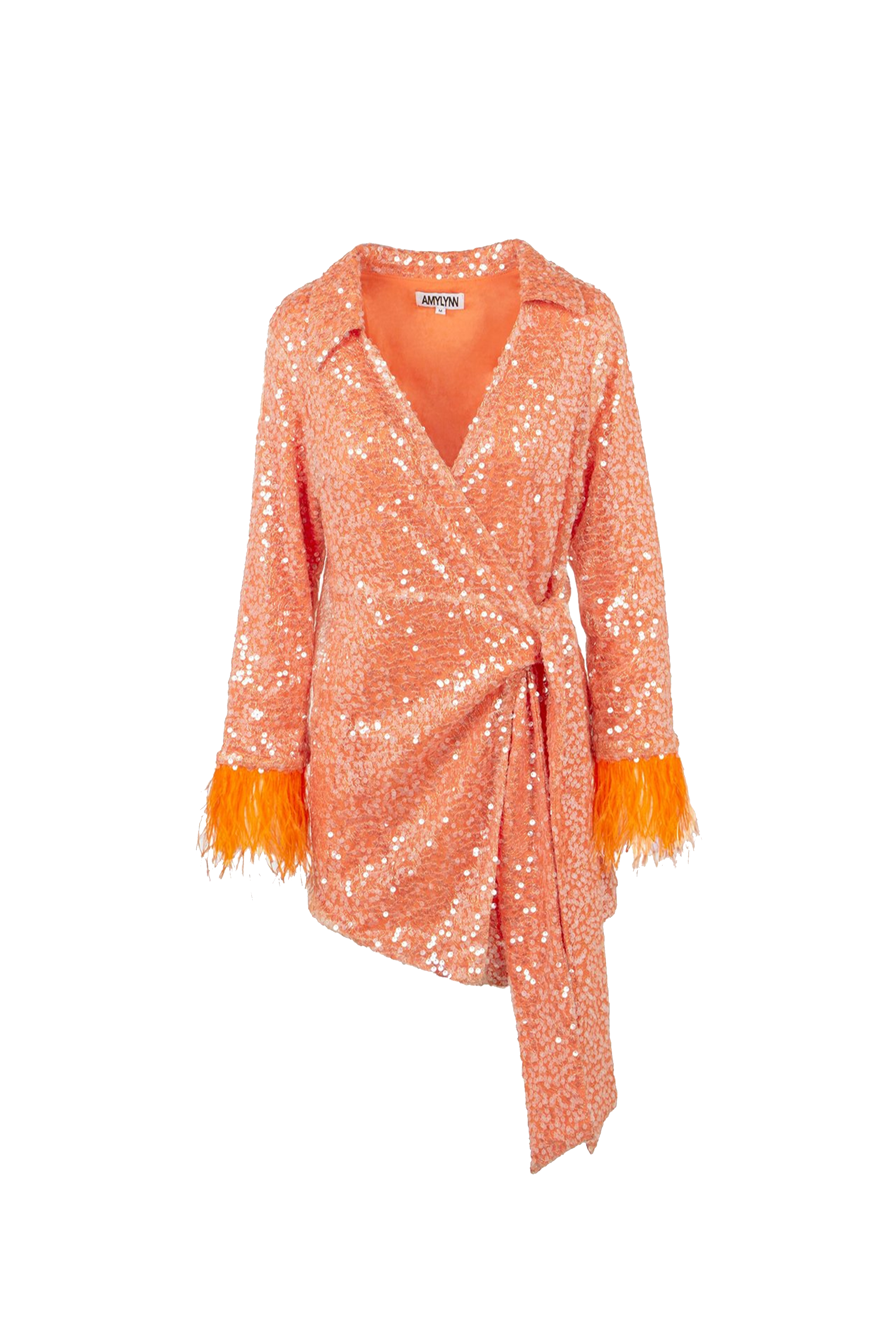 Fitz Orange Sequin Embellished Wrap with Feather Trim Mini Dress  | AMYLYNN