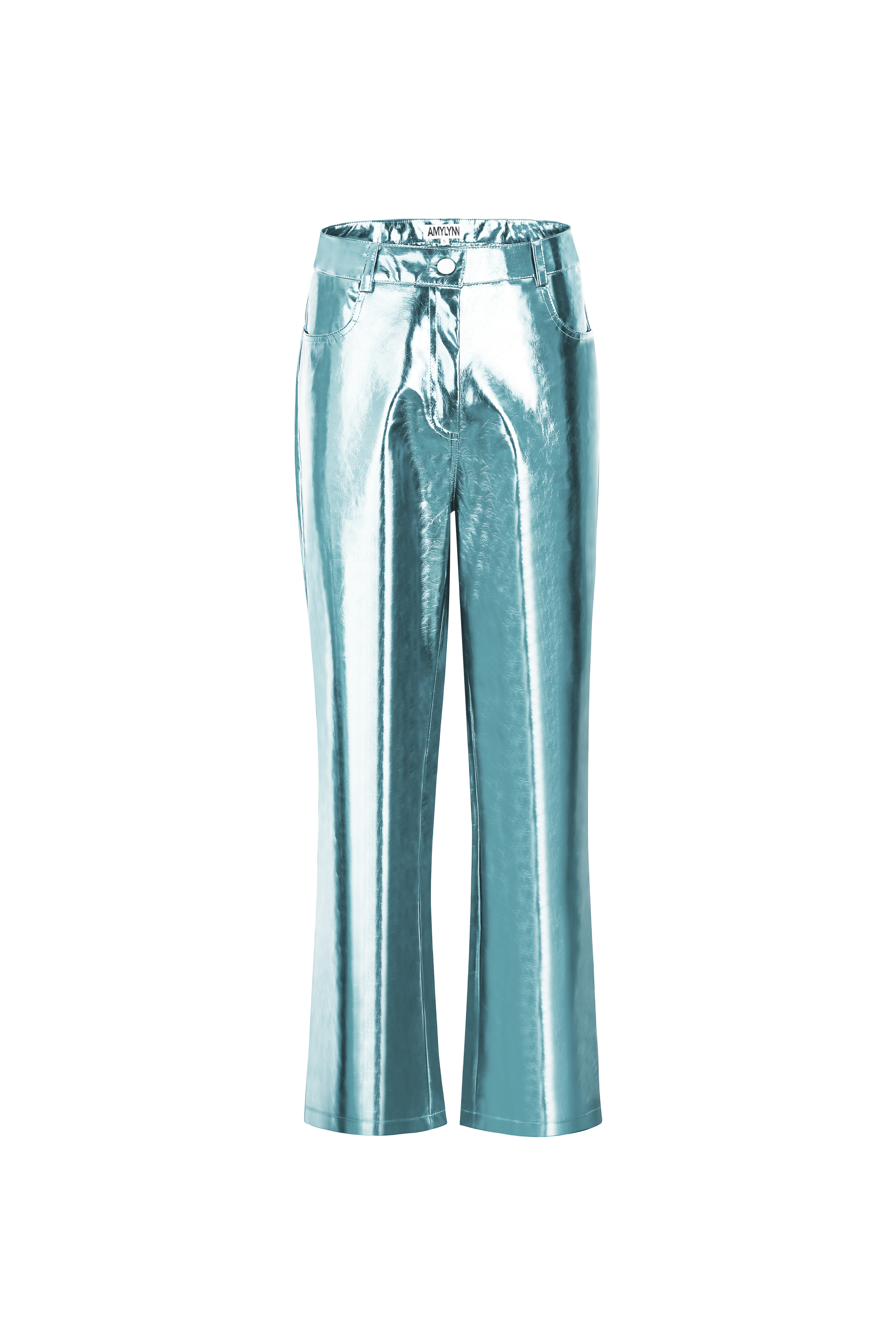 Lupe Sky Blue Metallic Straight Leg High Rise Vegan Leather Trousers | AmyLynn 