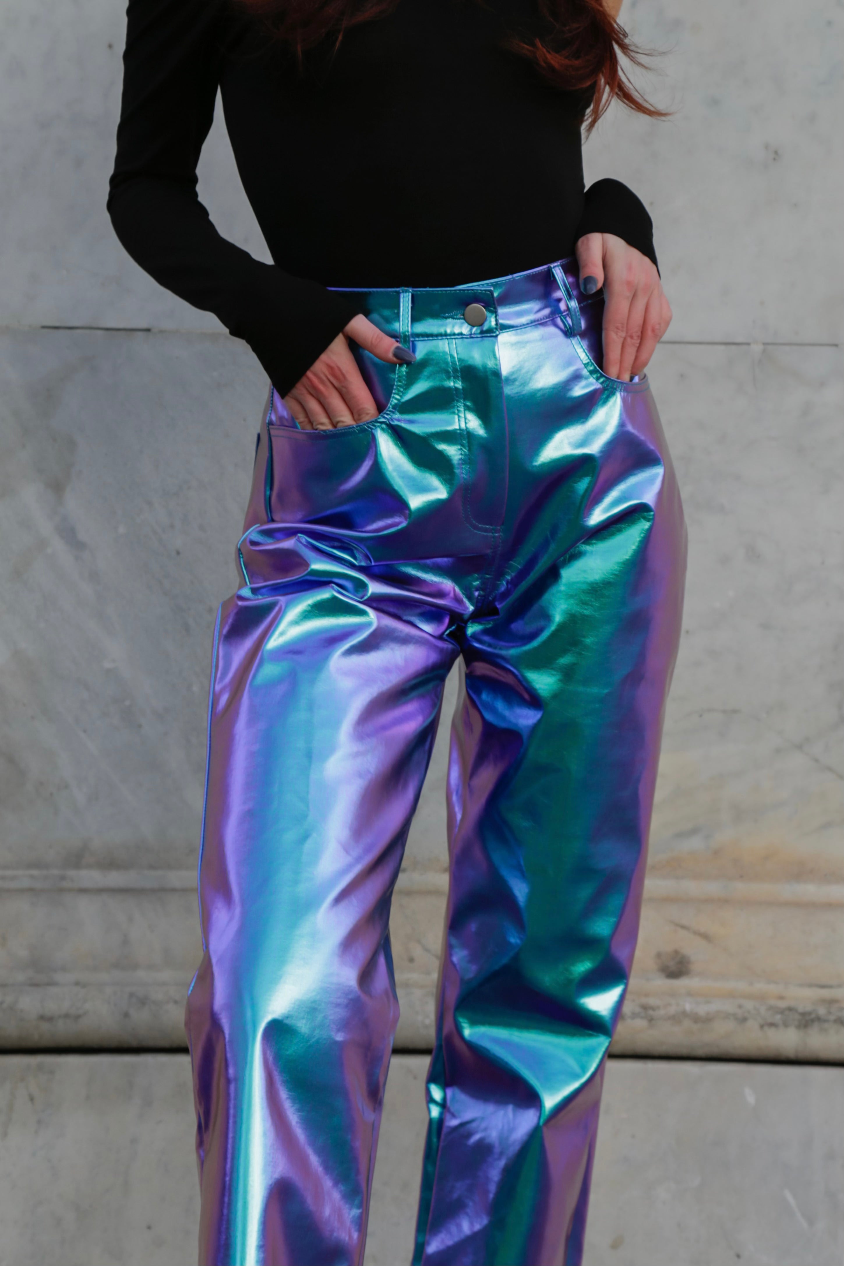 Lupe Shiny Ombre Blue Metallic PU High Waisted Straight Leg Trousers