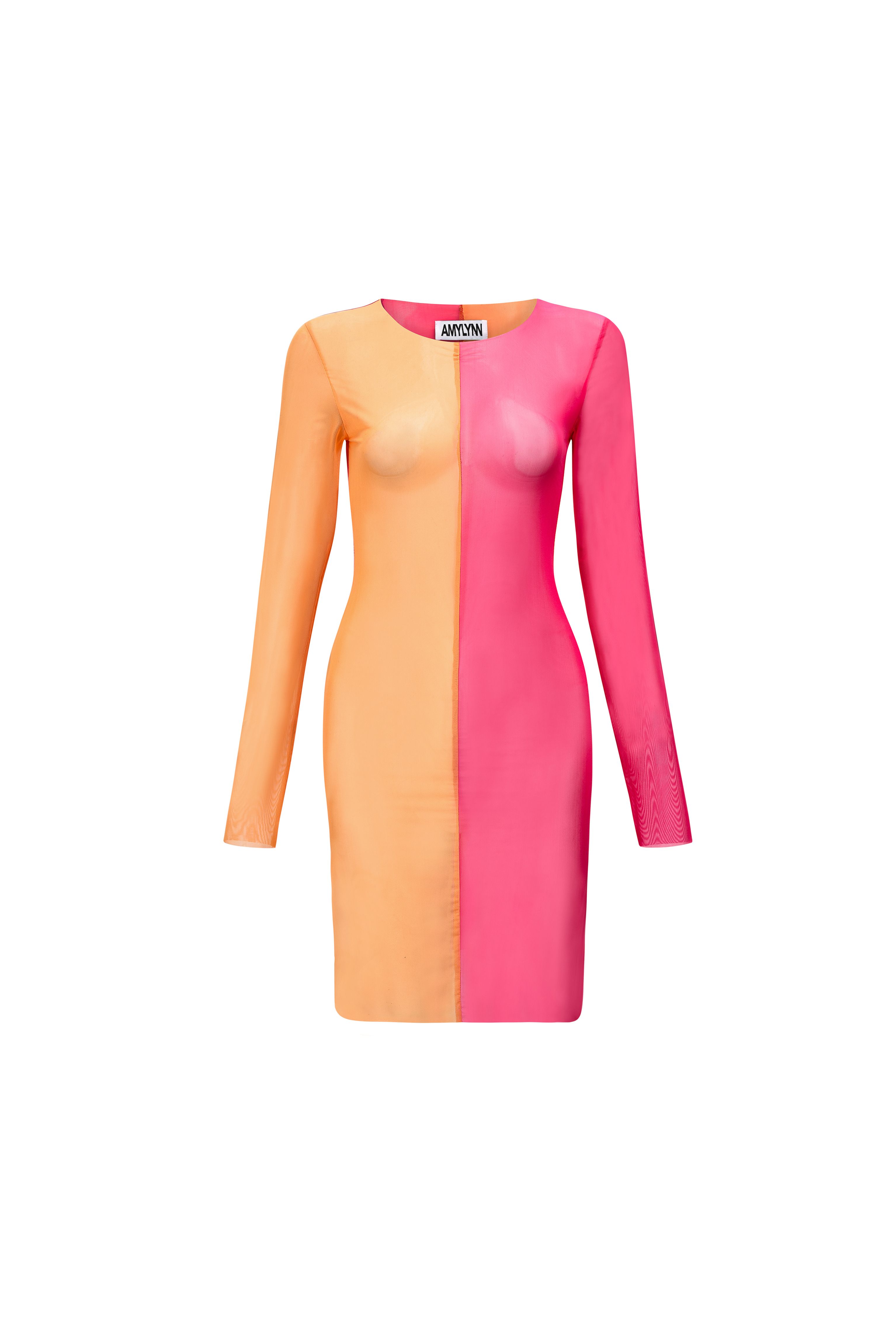 Gemini Colour Block Sheer Mesh Dress in Orange and Pink | AMYLYNN