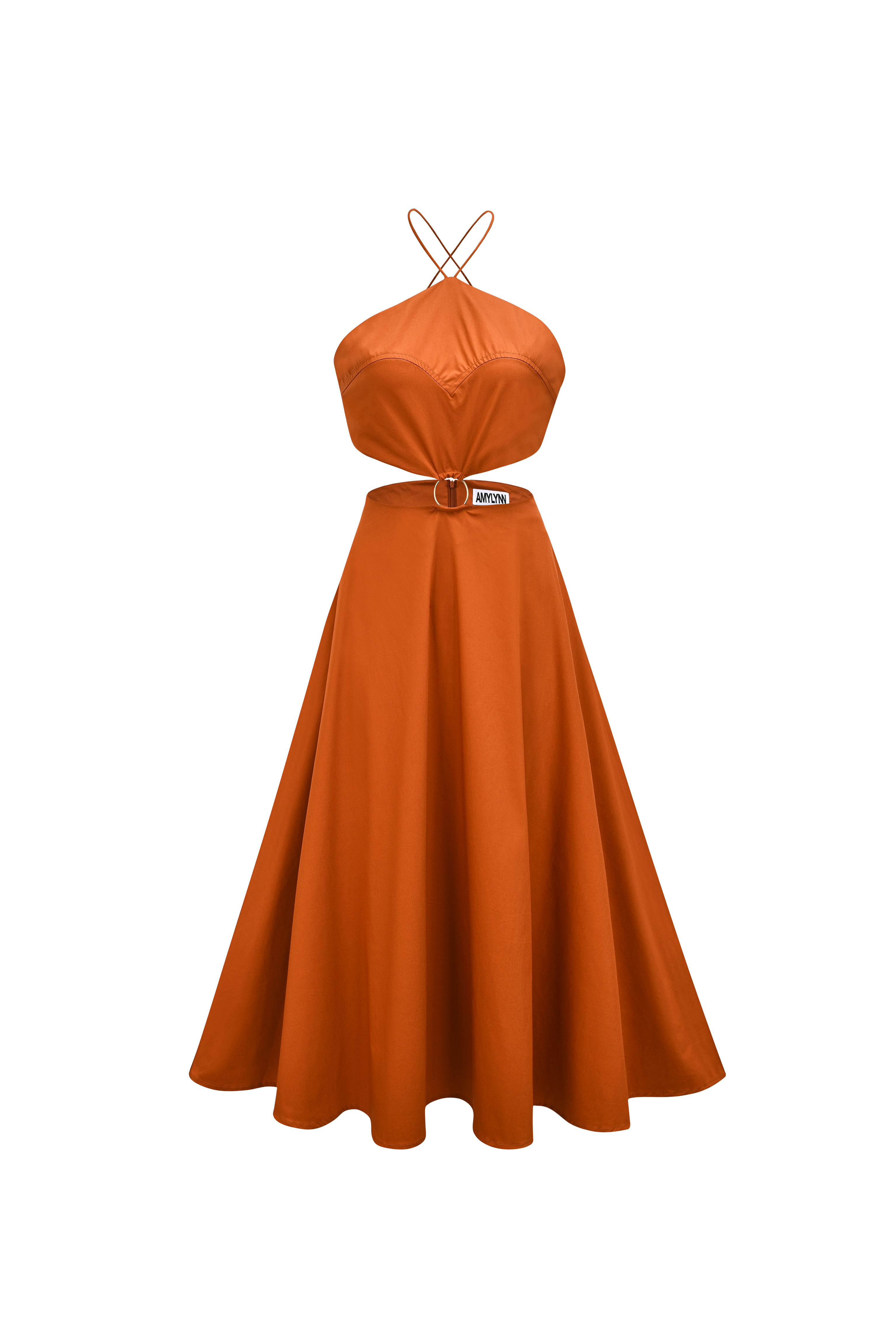 Ava Summer Tan Orange Halter Neck Midi Dress